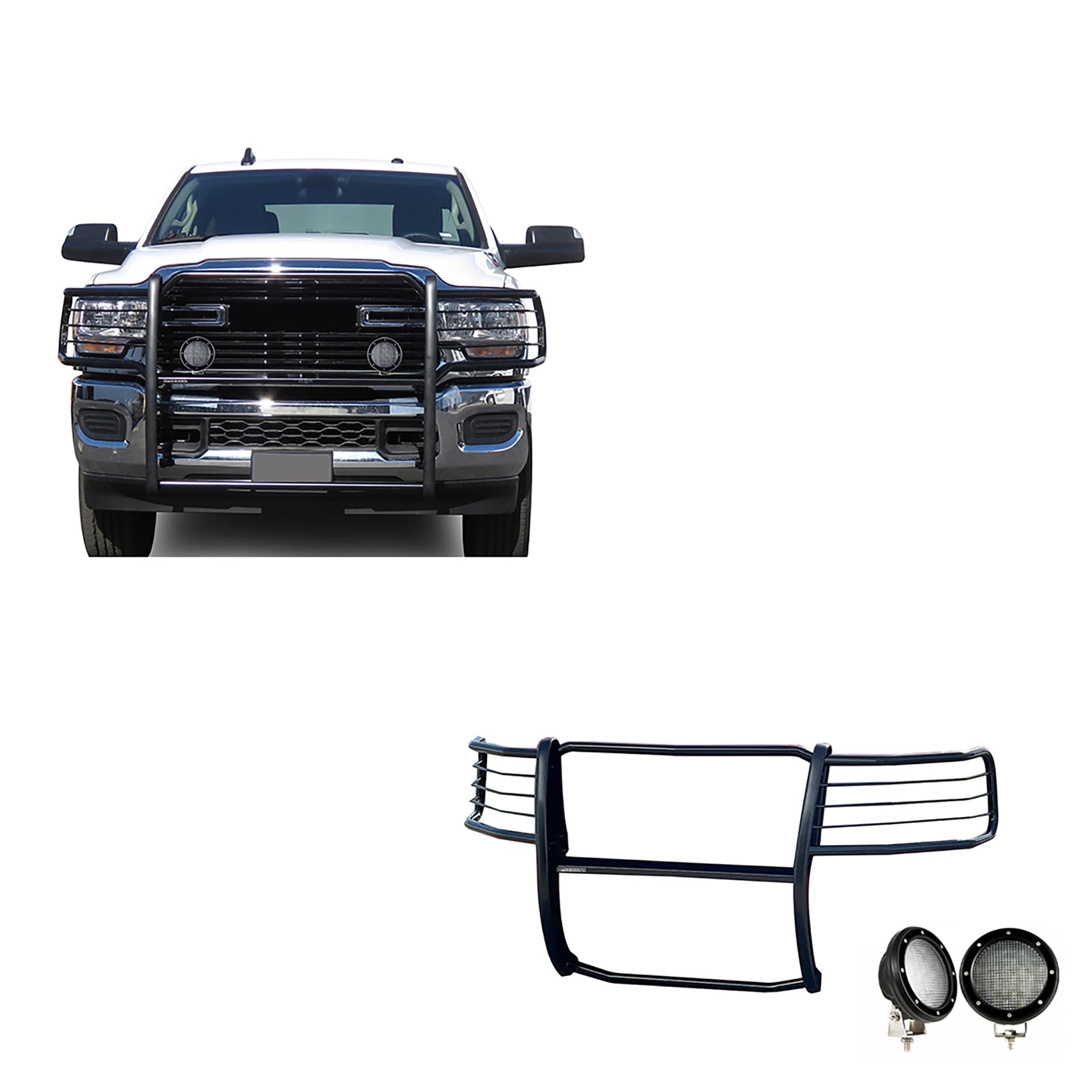 Bumper Guard Modular Black Horse Grille brush Come with Pair of 5.3" Dia.LED Lights with Black Trim Rings Compatible with 2019-2024 Ram 2500|2019-2024 Ram 3500-17DG113MA-PLFB