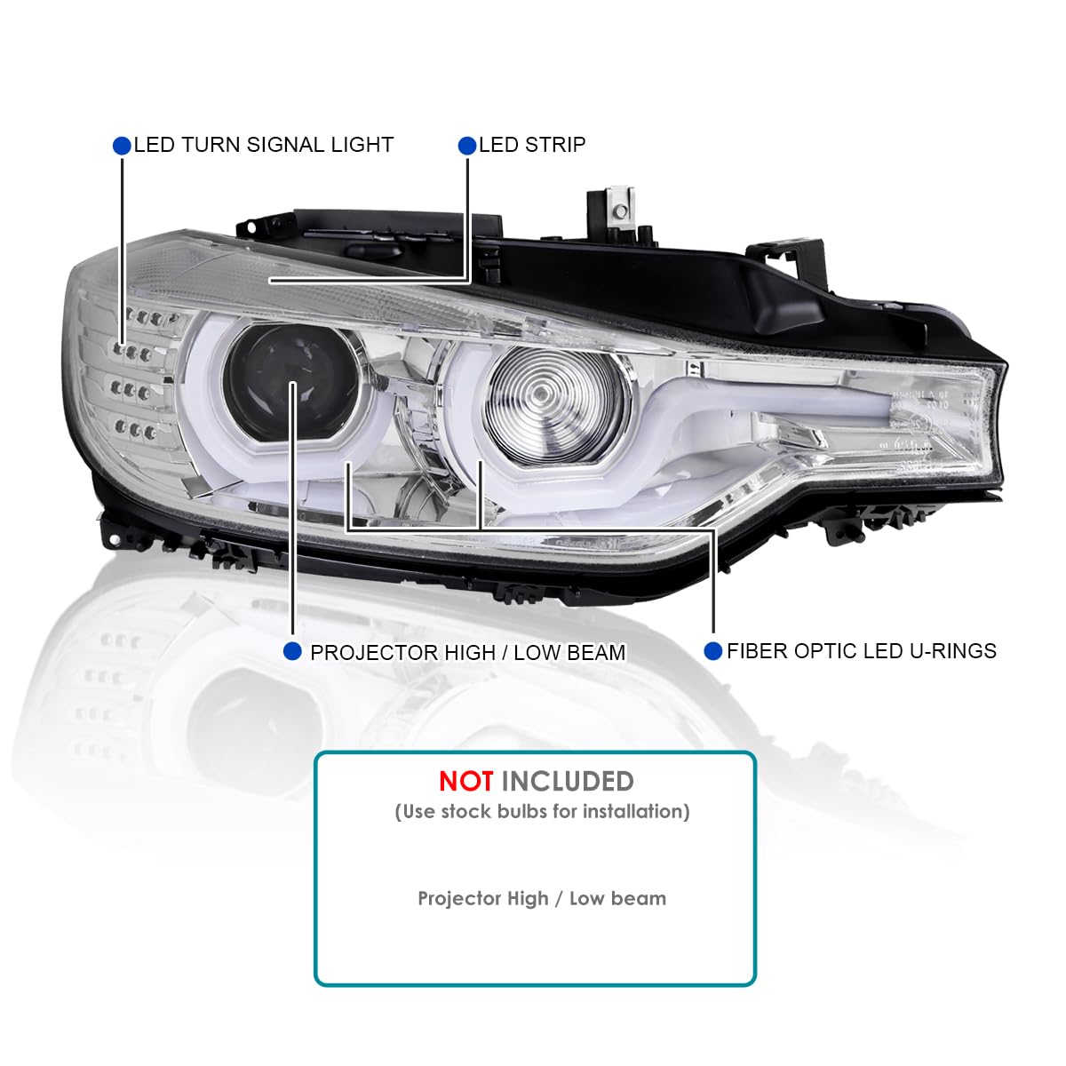 LED U-Halo Projector Headlights SPEC-D TUNING w/LED Strip Compatible with 2012-2015 BMW F30 3-Series Sedan HID Type, Left + Right Pair Headlamps Assembly