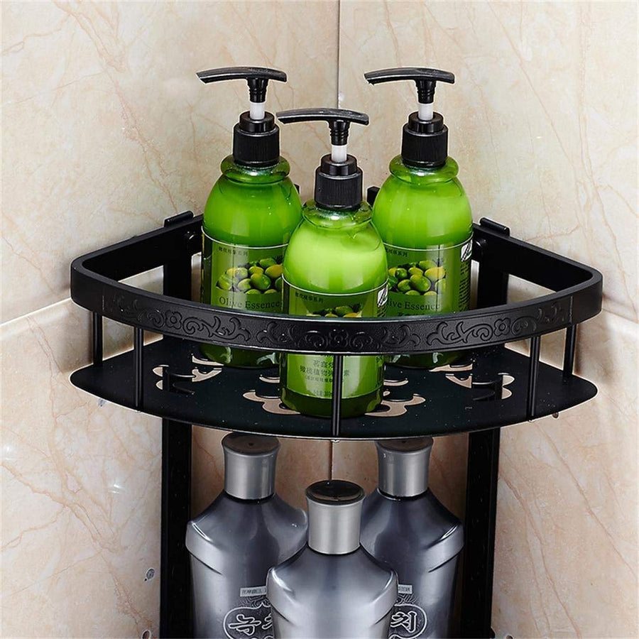 Doubledeck Black Basket Triangular Shelves, Carved Design, stainless Steel Material, Bathroom Shelves, Wallmounted 22.5 * 40.5cm Bathroom Shelf
