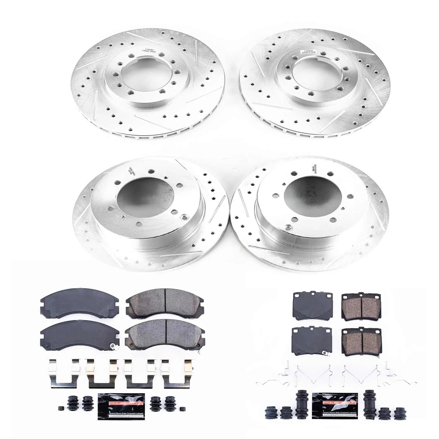 Power Stop K4402 Z23 Carbon Fiber Brake Pads Front and Rear with Drilled & Slotted Brake Rotors Kit For Mitsubishi Montero Sport 1997-2004 [Model Specific]