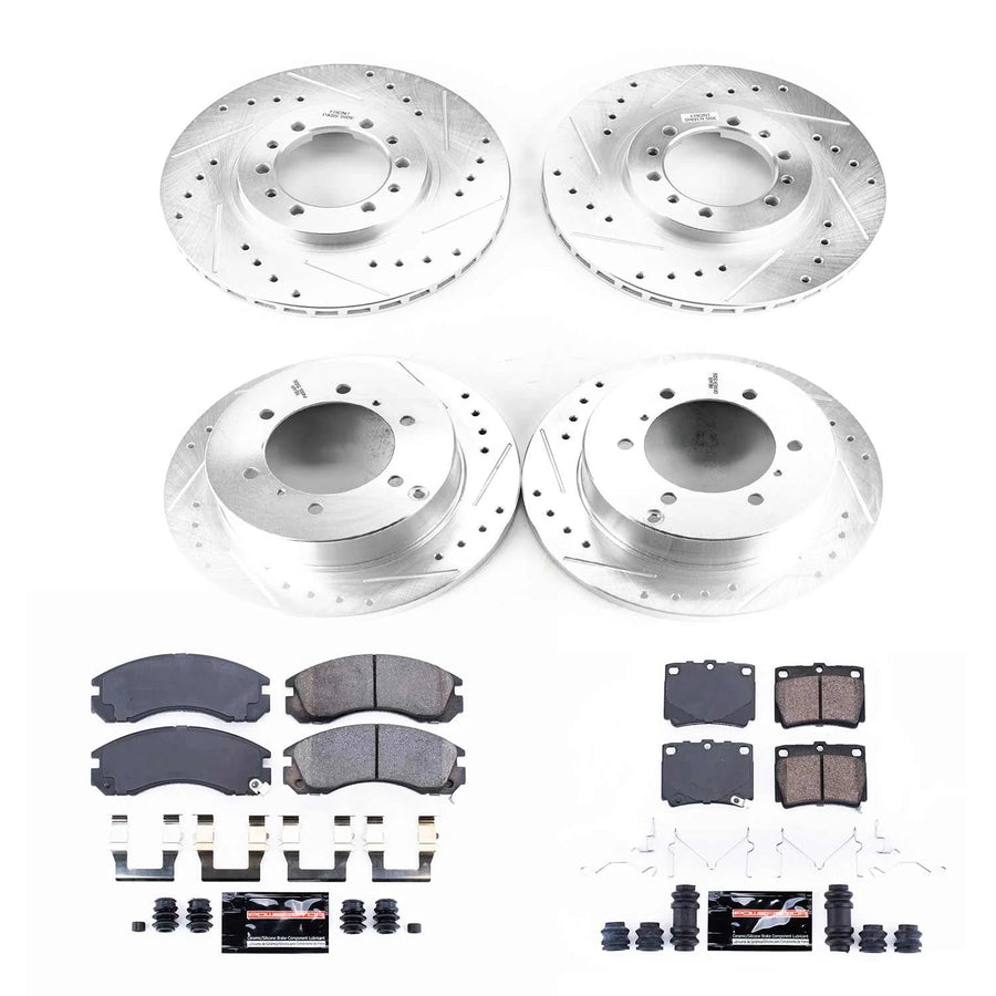 Power Stop K4402 Z23 Carbon Fiber Brake Pads Front and Rear with Drilled & Slotted Brake Rotors Kit For Mitsubishi Montero Sport 1997-2004 [Model Specific]