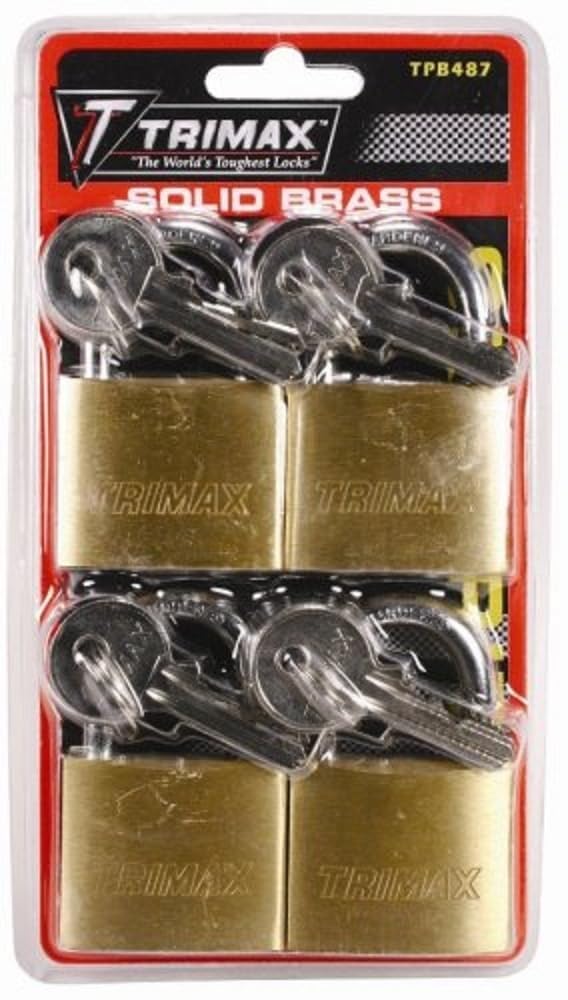 Trimax 4-Pack of Keyed Alike TPB87 Dual Locking Solid Brass TPB487 .87" x .25" Dia. Shackle