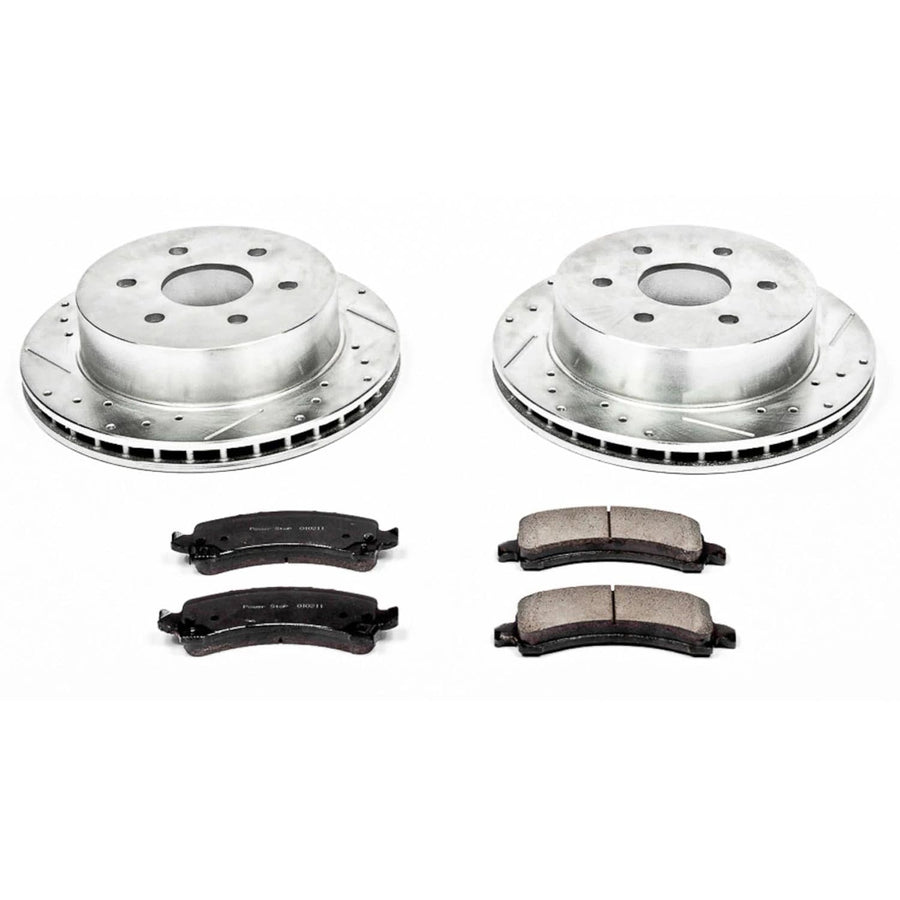Rear Power Stop K2065 Z23 Carbon Fiber Brake Pads with Drilled & Slotted Brake Rotors Kit For Chevrolet Express 2500 2003-2005, GMC Savana 2500 2003-2005 [Model Specific]