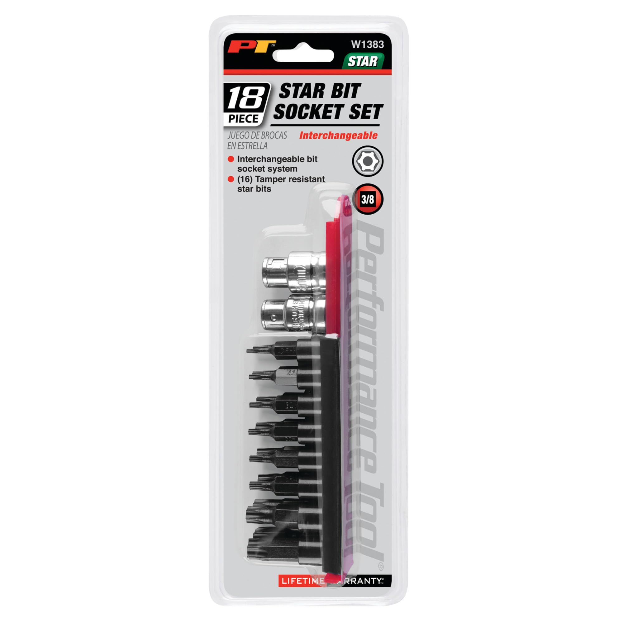 W1383 Performance Tool 16-Piece Tamper Resistant Star Bit Socket Set - Chrome Vanadium Alloy Steel with Bonus Storage Rail Included