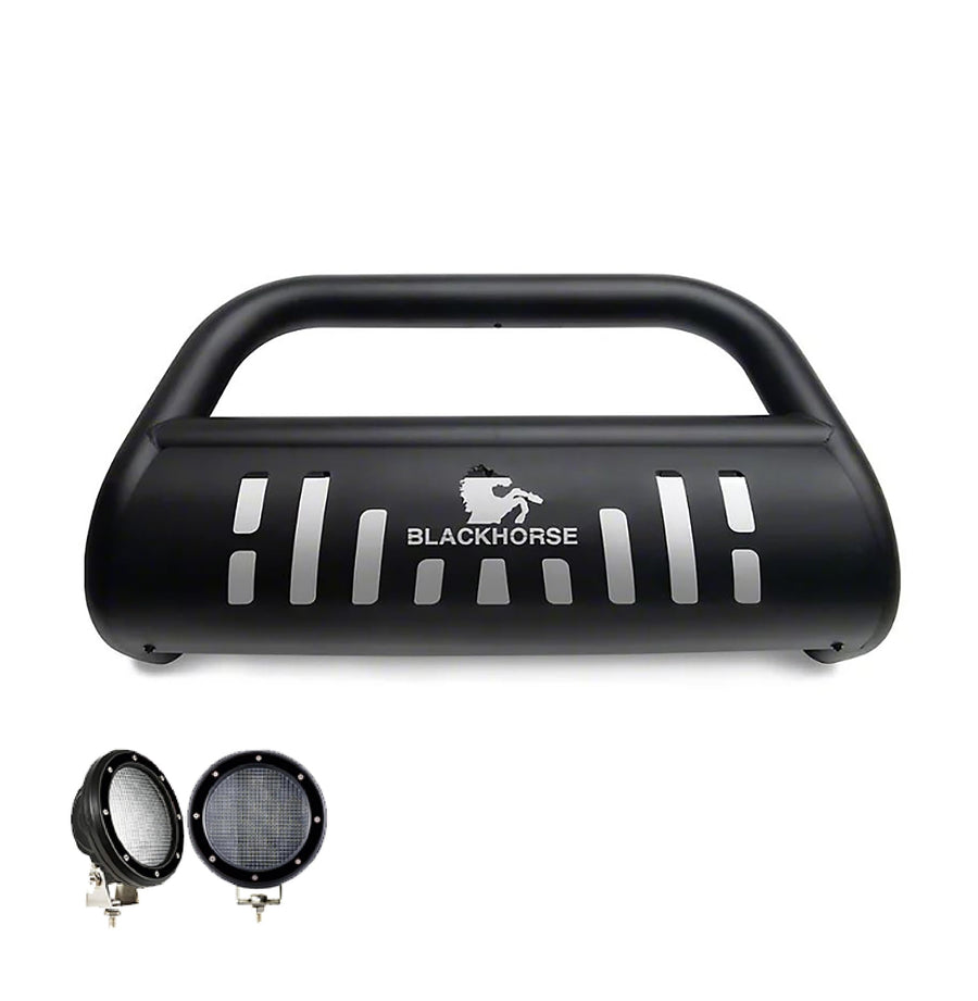 Bull Bar Black Horse Incl. Pair of 5.3" Dia.LED Lights w/Black Trim Rings Matte Black Compatible with Acura MDX/Honda Odyssey/Honda Passport/Honda Pilot/Honda Ridgeline-BB158107A-SP-PLFB