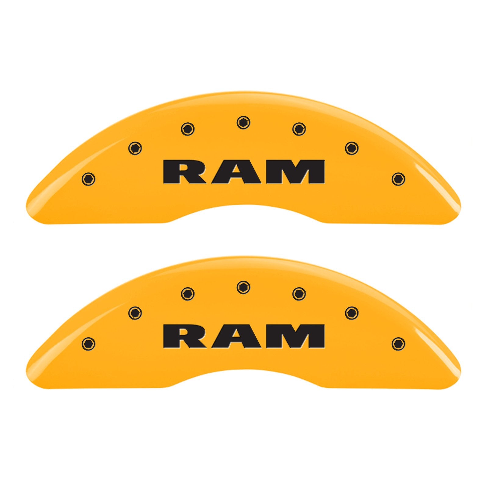 Caliper Covers MGP 55002SRMHYL, Set of 4 (Yellow Engraved Front: Ram - Engraved Rear: Ramhead Powder Coat Finish Black Characters)