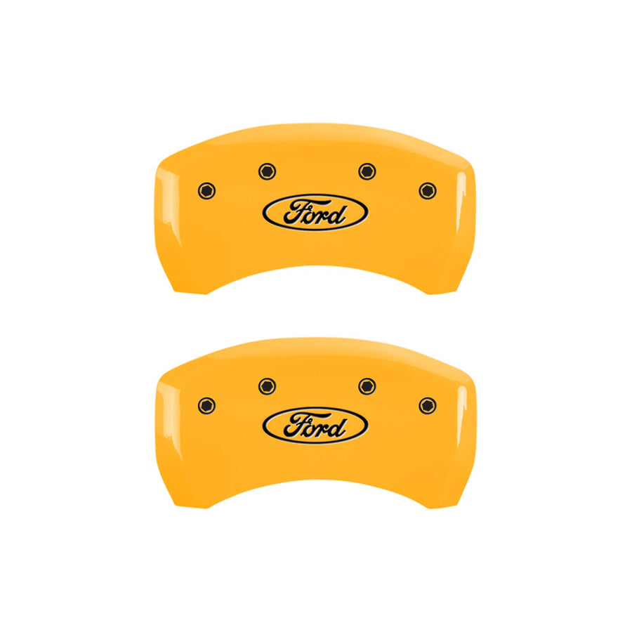 Caliper Covers MGP 10198SFRDYL Yellow (Set of 4, Engraved Front and Rear: Oval logo/Ford, Yellow powder coat finish, black characters)