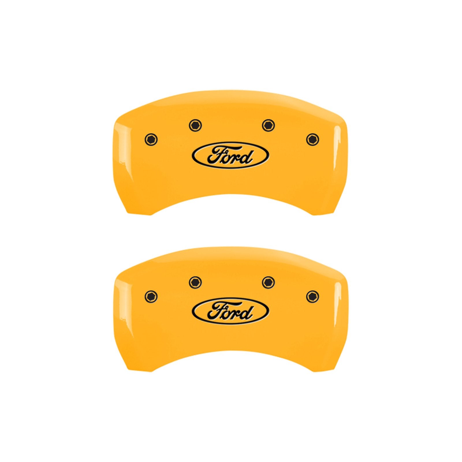 Caliper Covers MGP 10229SFRDYL Yellow (Set of 4, Engraved Front and Rear: Oval logo/Ford, Yellow powder coat finish, black characters)