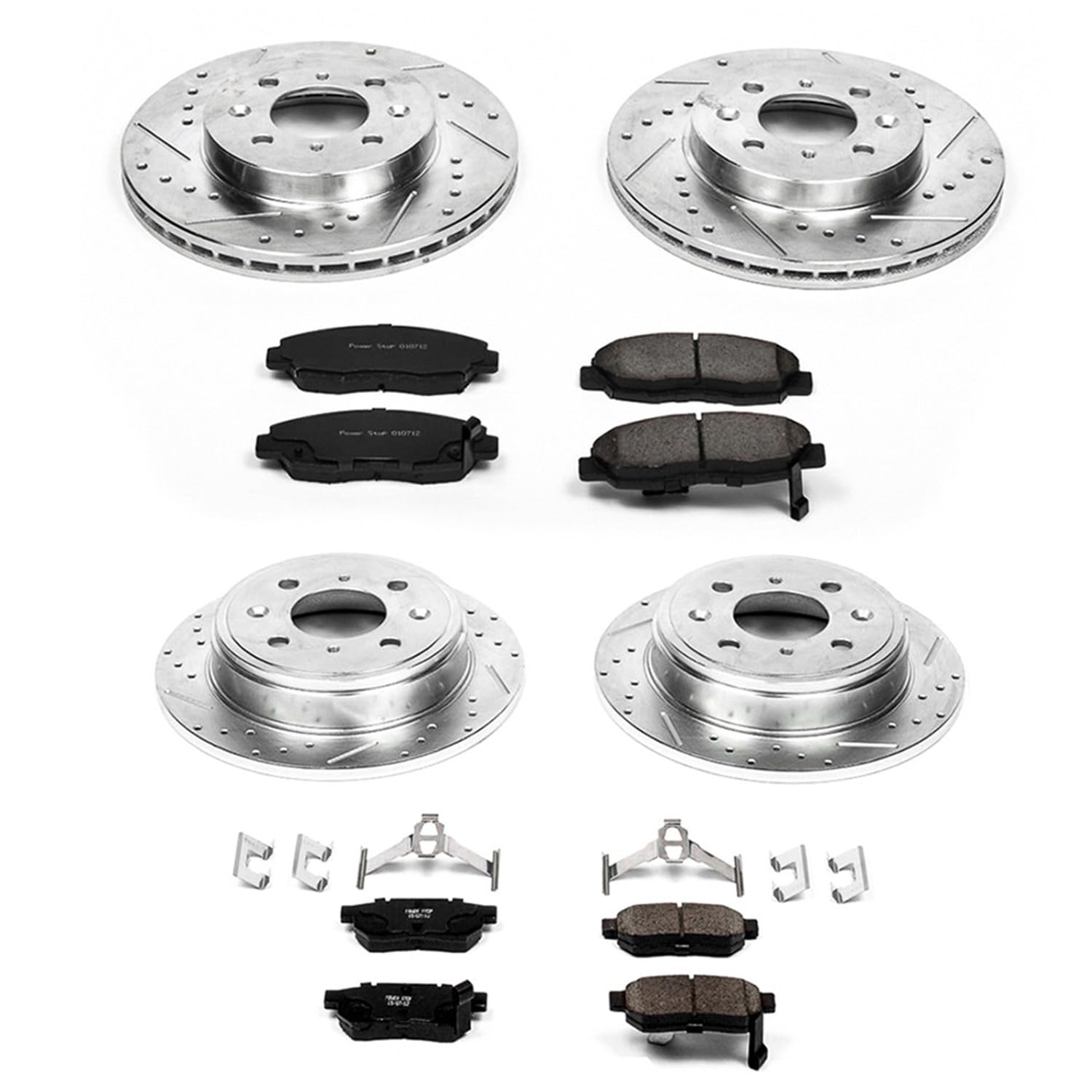 Power Stop K691 Z23 Carbon Fiber Brake Pads Front and Rear with Drilled & Slotted Brake Rotors Kit For Honda Civic 1999-2000 [Model Specific]