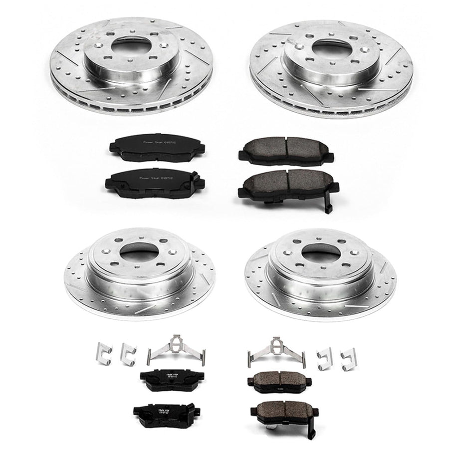 Power Stop K691 Z23 Carbon Fiber Brake Pads Front and Rear with Drilled & Slotted Brake Rotors Kit For Honda Civic 1999-2000 [Model Specific]
