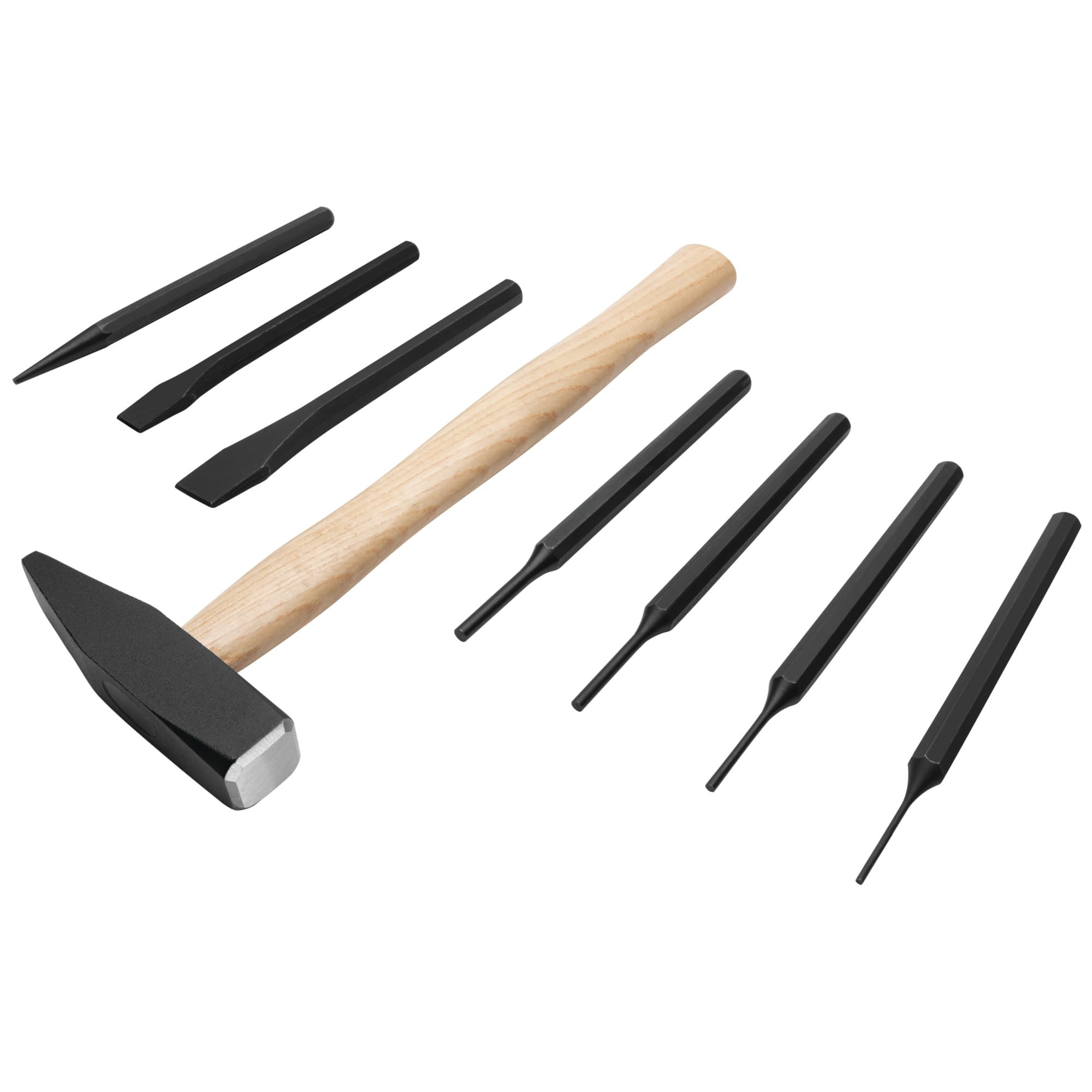 8 Pc. Hammer and Punch Set Performance Tool M7046 - Includes Machinist's Hammer, Pin Punch, Tapered Punch, Carbon Steel, Black