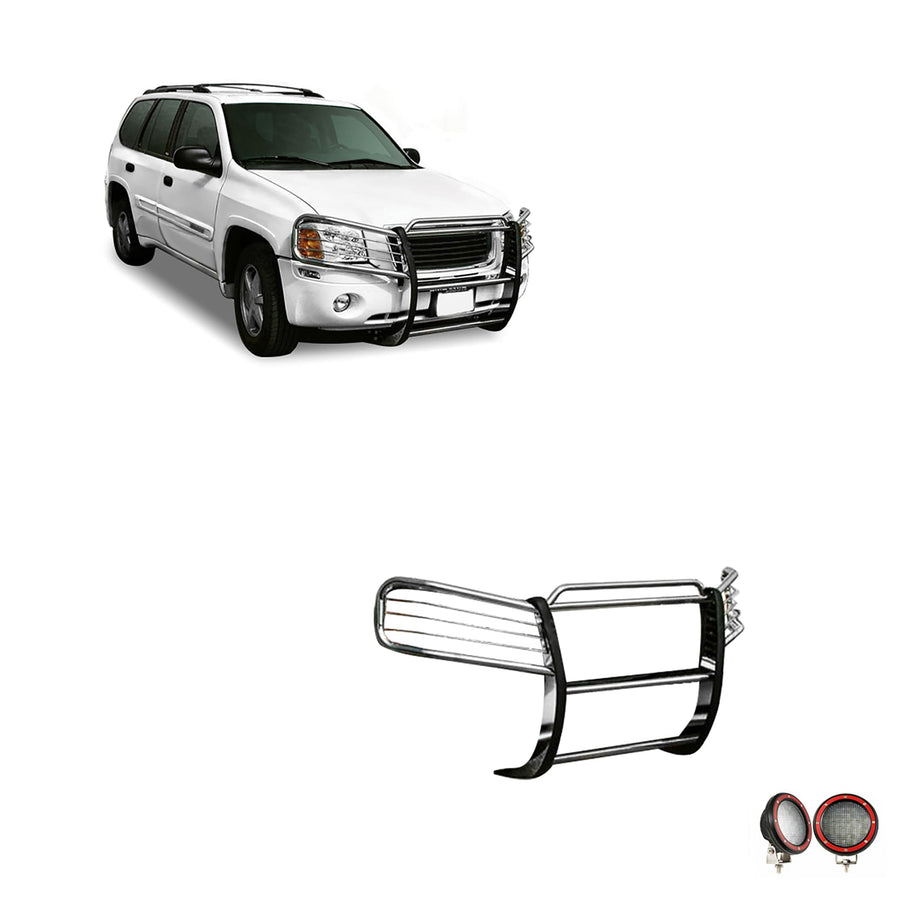 Bumper Guard Black Horse Grille Brush Modular Stainless Steel Come with Pair of 5.3" Dia.LED Lights with Red Trim Rings Compatible with 2002-2009 GMC Envoy-17GD26MSS-PLFR