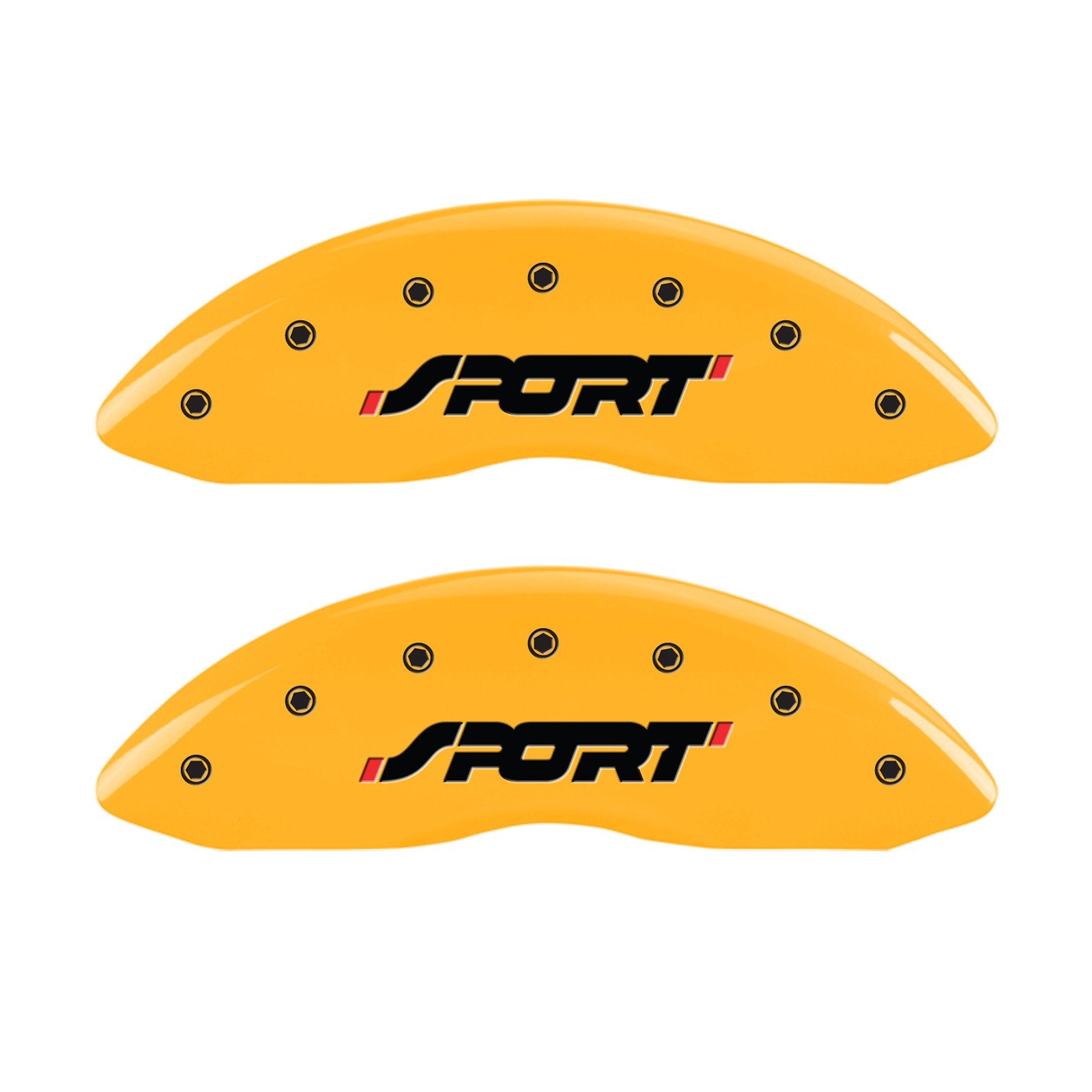 Caliper Covers MGP 10229SSPOYL Yellow (Set of 4, Engraved Front and Rear: SPORT, Yellow powder coat finish, black characters)