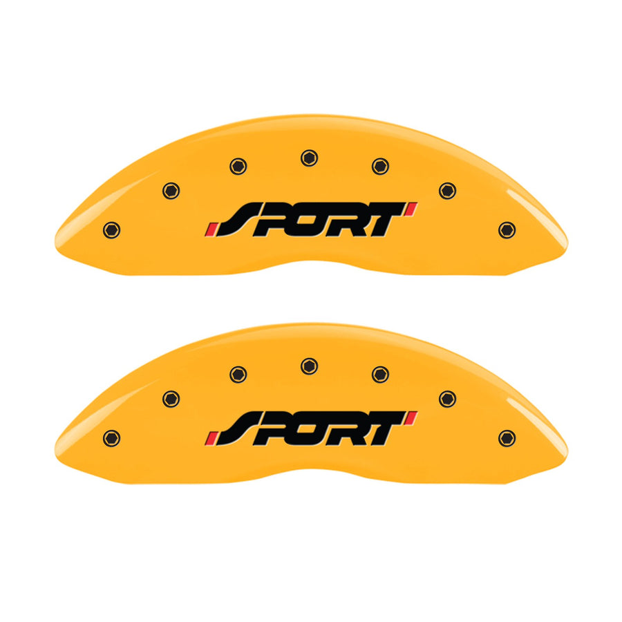Caliper Covers MGP 10229SSPOYL Yellow (Set of 4, Engraved Front and Rear: SPORT, Yellow powder coat finish, black characters)