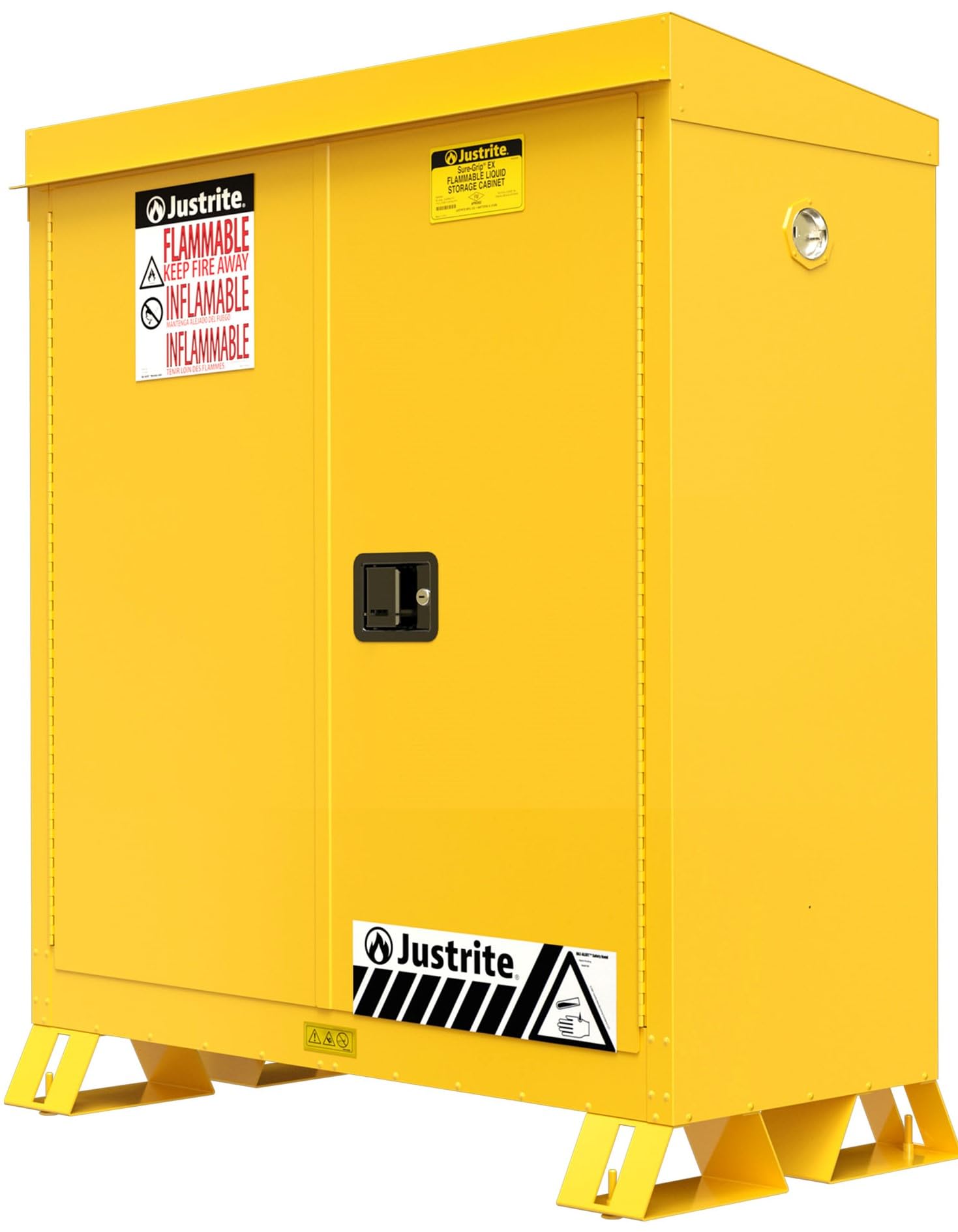 Justrite Outdoor Reinforced Steel Flammable Liquid Storage Cabinet, 2 Shelves with 350 lb. Capacity, 2 Manual-Close Door Fire Cabinet, 30 Gallon, 44"x 43"x 18", Made in The USA, Yellow, 813000