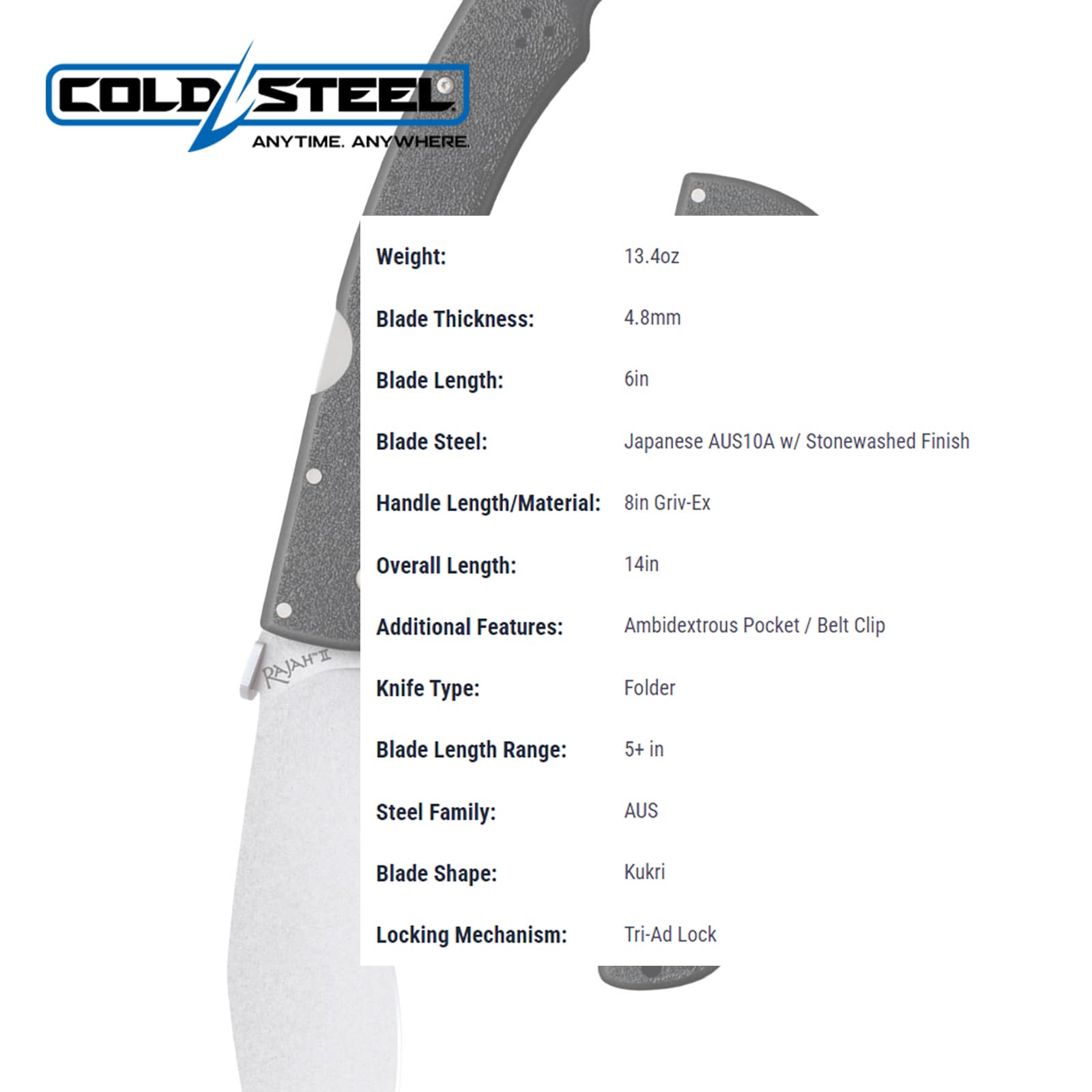 Cold Steel Rajah ll AUS10A Japanese 6" Blade 8" Griv-Ex Handle Tactical Folding Knife with Tri-Ad Lock, Ambidextrous Pocket/Belt Clip