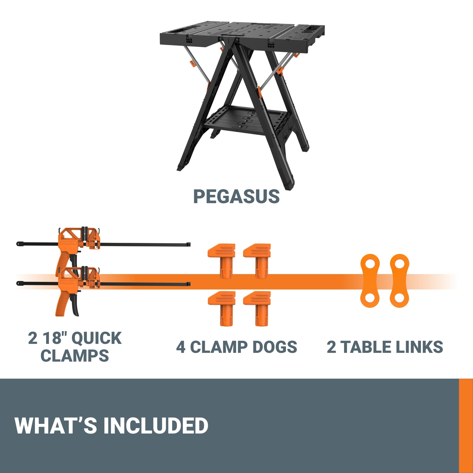 Worx 2-in-1 Pegasus Folding Work Table & Sawhorse, Easy Setup Portable Workbench, 31" W x 25" D x 32" H Lightweight Worktable with Heavy-Duty Load Capacity, WX051 - Includes 2 Clamps & 4 Clamp Dogs