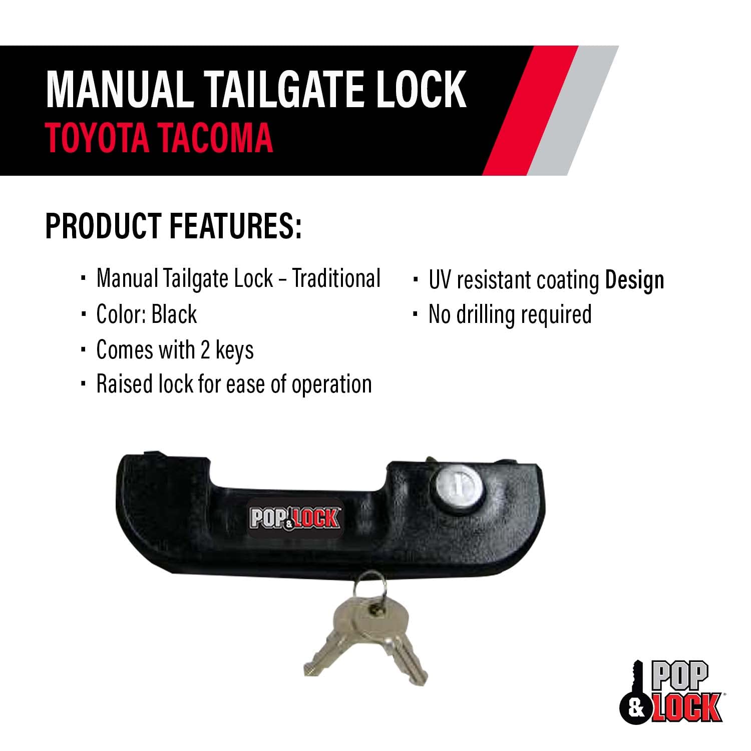 Manual Tailgate Lock – Pop & Lock for Toyota Tacoma, Fits 1995 to 2004 Models (Color Black, PL5100, Standard Lock)