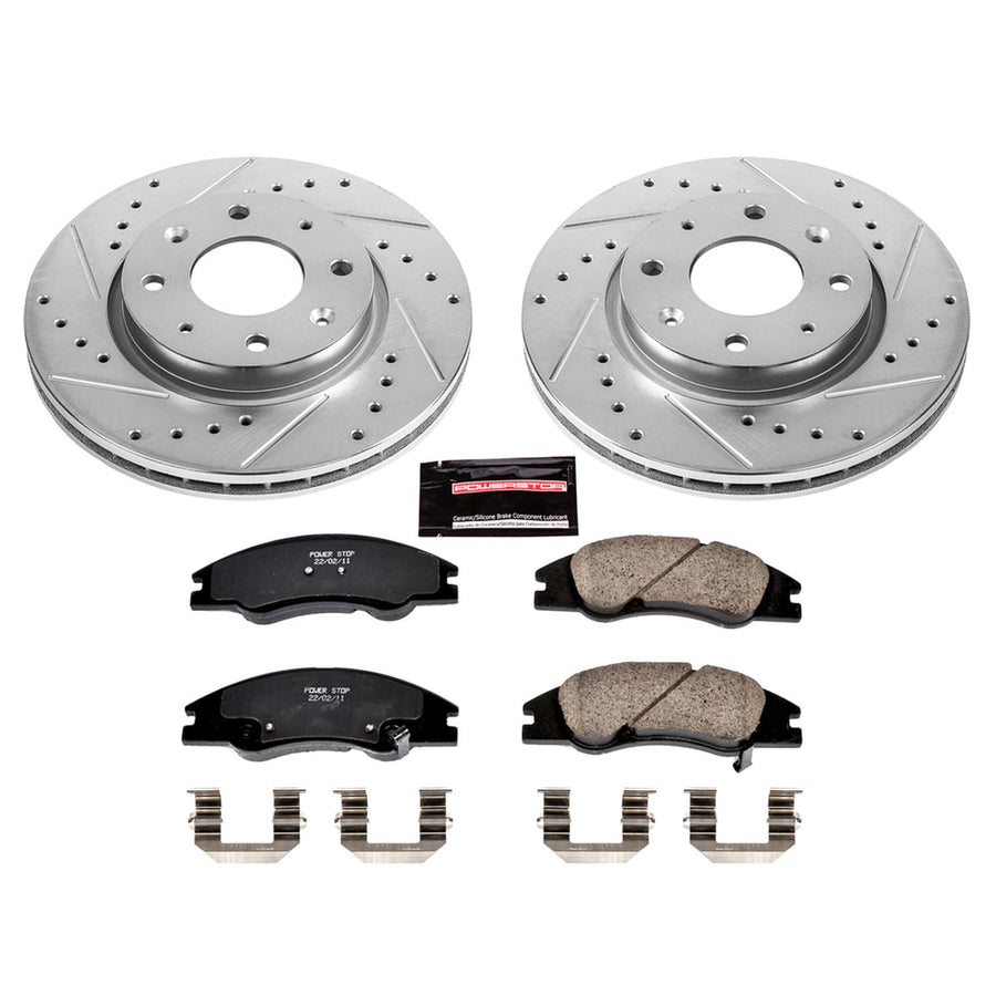 Power Stop K5903 Z23 Carbon Fiber Brake Pads Front with Drilled & Slotted Brake Rotors Kit For Kia Spectra 2004-2009, Kia Spectra5 2005-2009 [Model Specific]