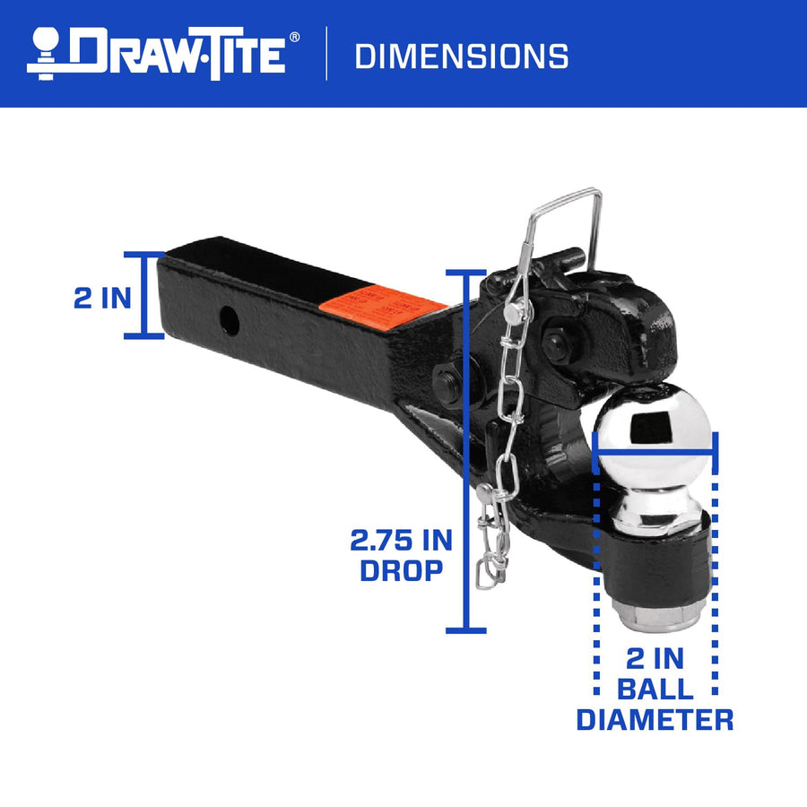 Pintle Hook & Ball Combination Ball Mount Draw-Tite 63042, Fits 2 Inch Square Receiver, 12,000 lbs. Capacity Hook, 2-5/16 Inch Diameter Ball, 12,000 lbs. Capacity Ball