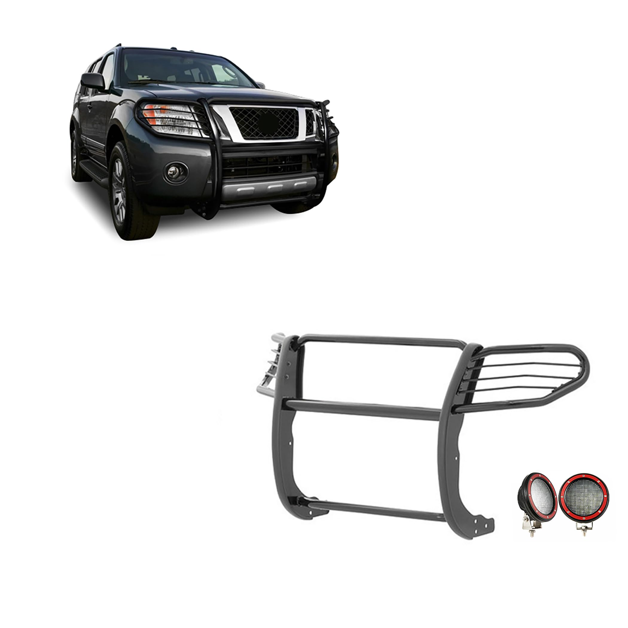 Grille Brush Black Horse Bumper Guard Modular Black Come with Pair of 5.3" Dia.LED Lights with Red Trim Rings Compatible with 2005-2021 Nissan Frontier|2005-2007 Nissan Pathfinder-17A110200MA-PLFR
