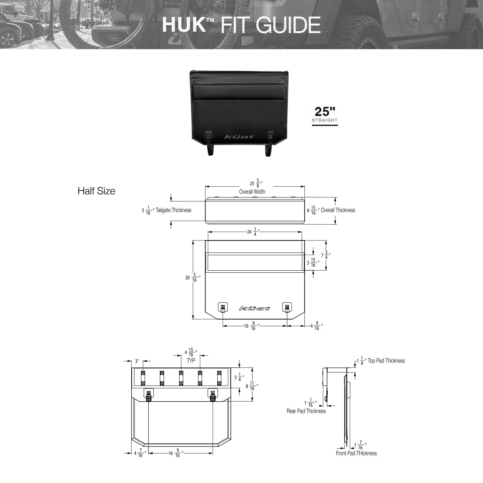 KUAT 25" HUK Straight Durable Soft-Touch TPU Padded Pickup Truck Tailgate Bike Hauling Transportation Easy-Access Protective Pad w/Nylon Straps, Metal G-Hook Buckles & Roll-Up Window, Black