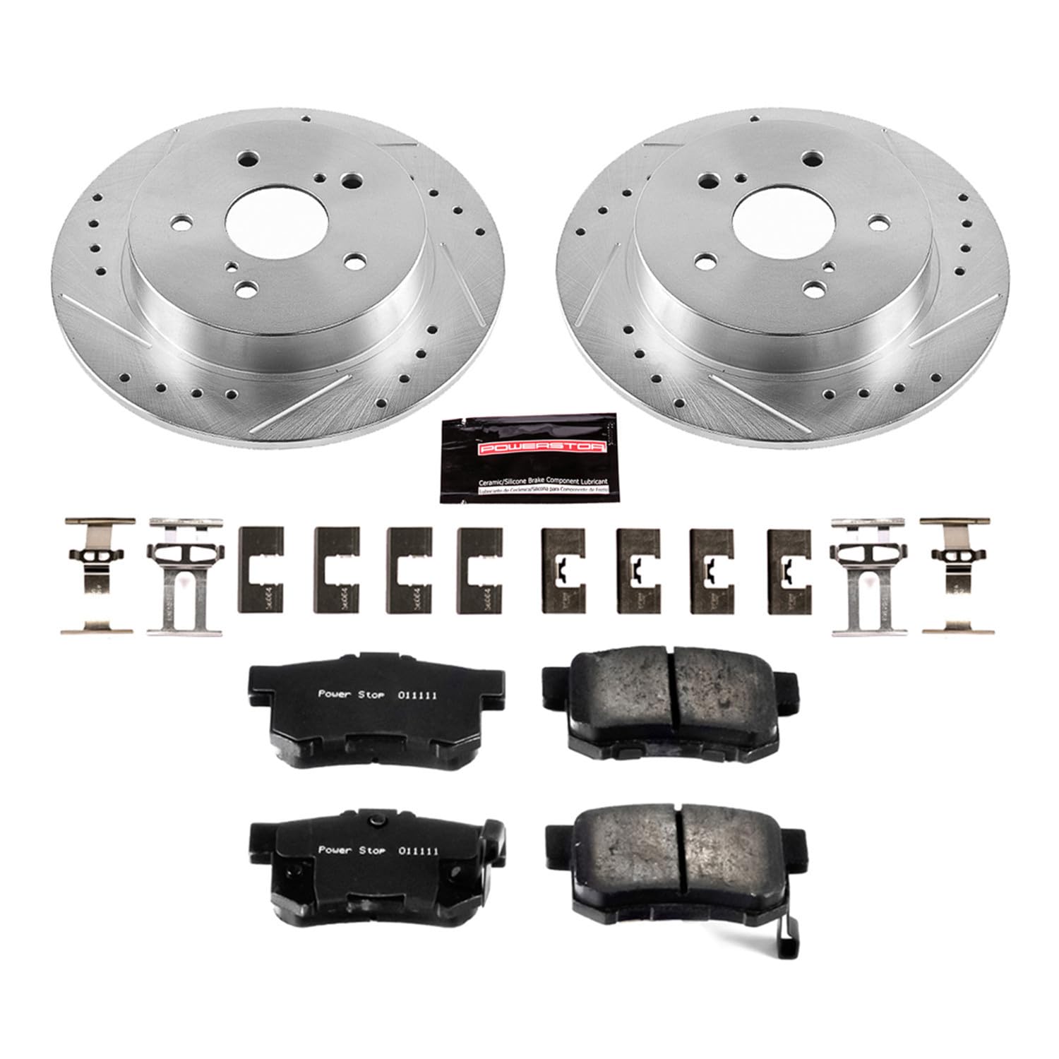 Power Stop K5889 Rear Brake Pads Z23 Carbon Fiber with Drilled & Slotted Brake Rotors Kit For Suzuki SX4 2007-2013 [Model Specific]