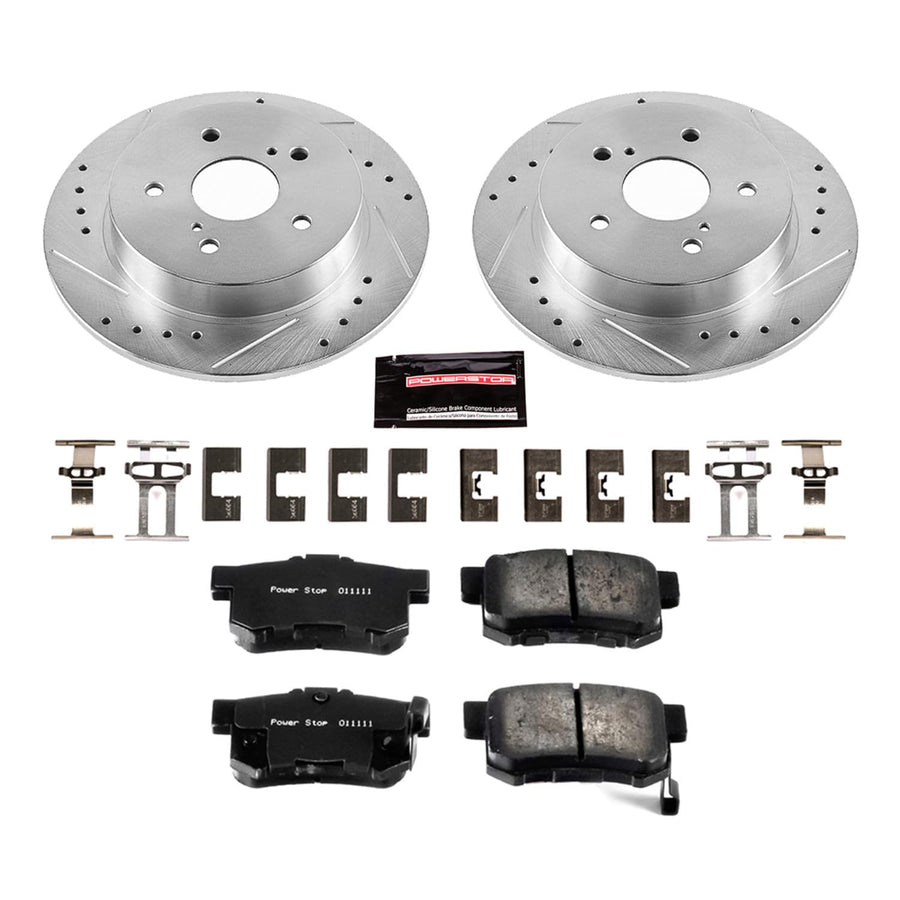 Power Stop K5889 Rear Brake Pads Z23 Carbon Fiber with Drilled & Slotted Brake Rotors Kit For Suzuki SX4 2007-2013 [Model Specific]
