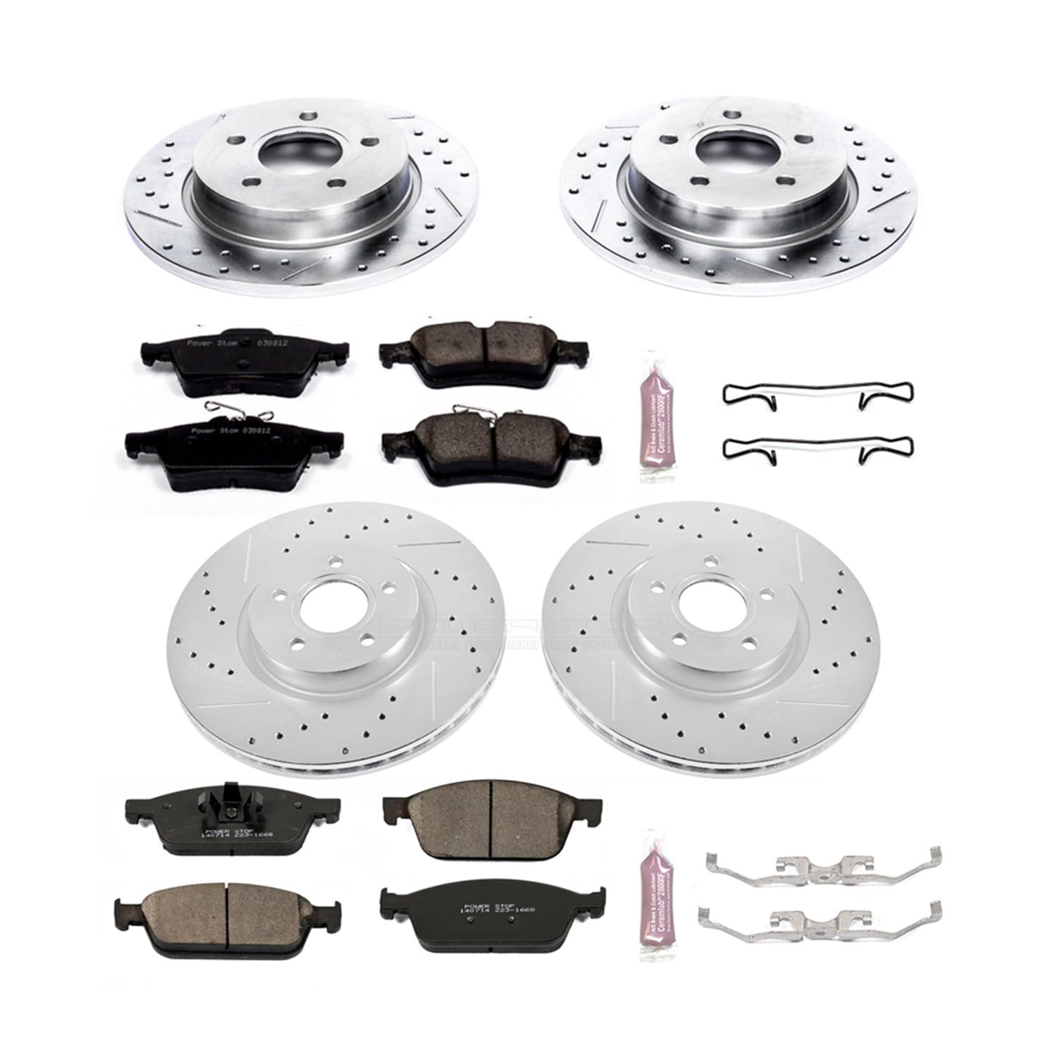 Power Stop K6350 Z23 Carbon Fiber Brake Pads Front and Rear with Drilled & Slotted Brake Rotors Kit For Ford Focus 2013-2014 [Model Specific]