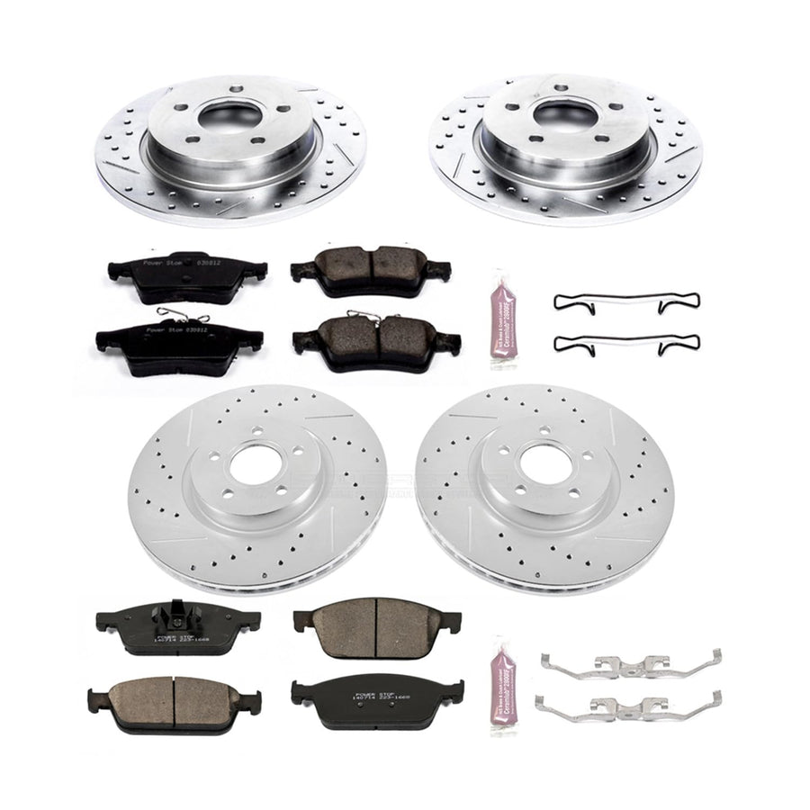 Power Stop K6350 Z23 Carbon Fiber Brake Pads Front and Rear with Drilled & Slotted Brake Rotors Kit For Ford Focus 2013-2014 [Model Specific]