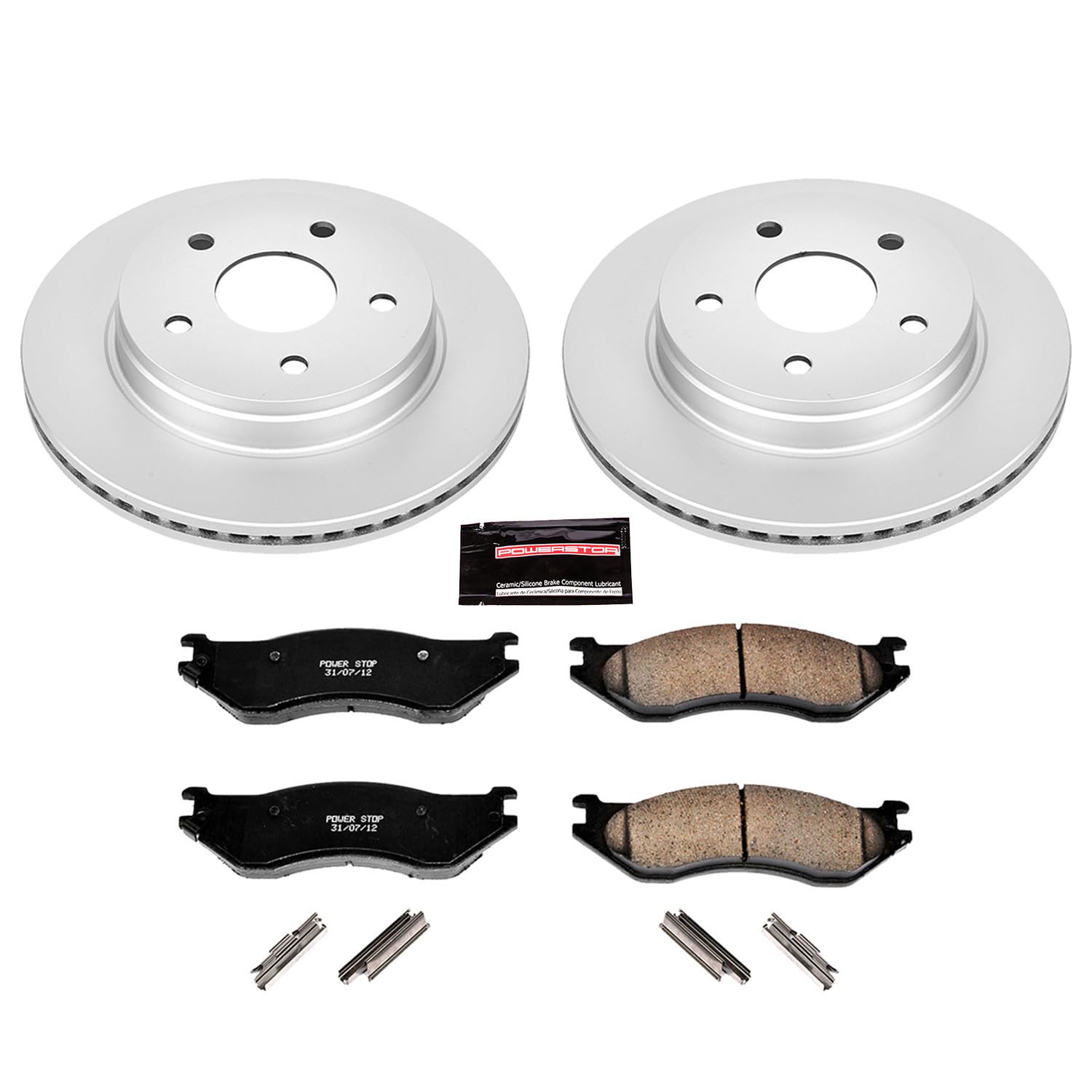 Power Stop Coated Brake Rotor CRK2165 & Ceramic Brake Pads- front For Dodge Durango 2004-2006, Dodge Ram 1500 2002 [Model Specific]