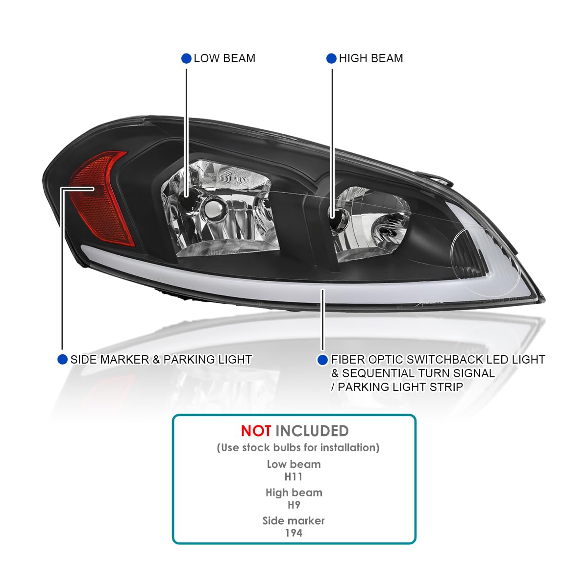 Black Headlights w/Switchback LED Signals SPEC-D TUNING Compatible with 2006-2013 Chevy Impala, Left + Right Pair Headlamps Assembly