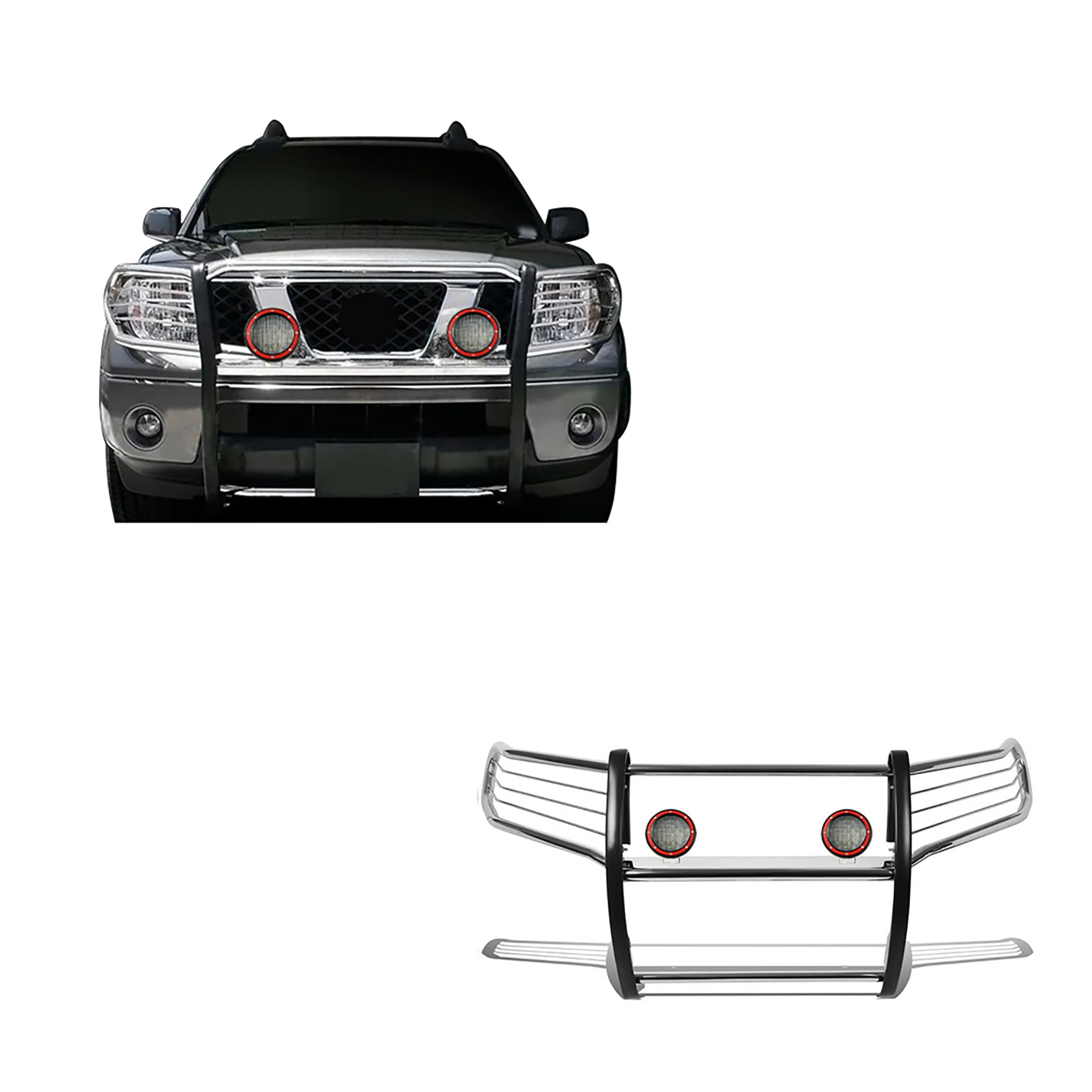 Grille Brush Black Horse Bumper Guard Modular Stainless Steel Come with Pair of 5.3" Dia.LED Lights with Red Trim Rings Compatible with 2005-2021 Frontier|2005-2007 Pathfinder-17A110200MSS-PLFR