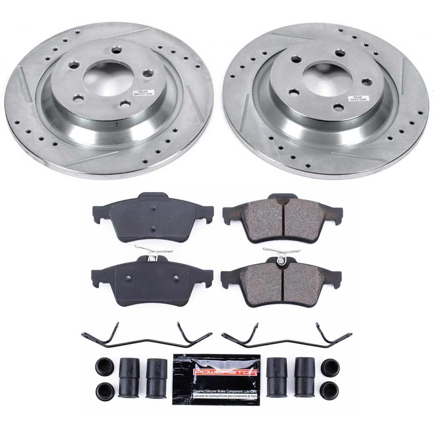 Power Stop K5842 Brake Pads Rear Z23 Carbon Fiber with Drilled & Slotted Brake Rotors Kit For Mazda 5 2008-2010, Mazda 5 2012-2015 [Model Specific]