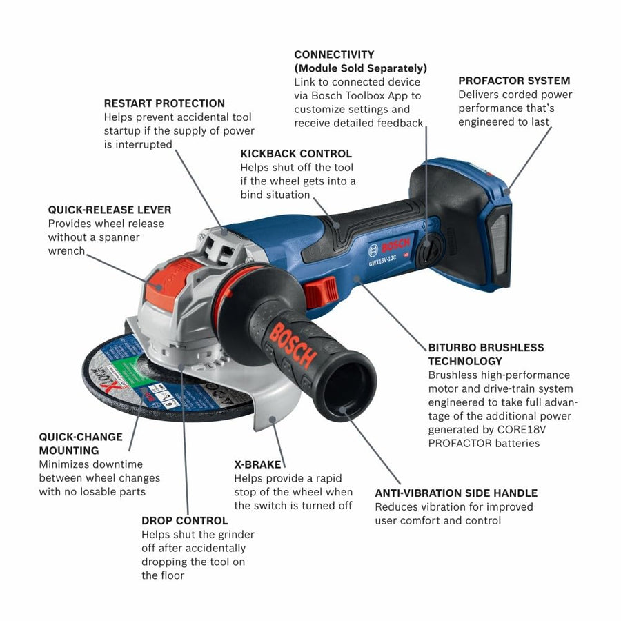 Bosch 18V GWX18V-13CN PROFACTOR™ X-LOCK Connected-Ready 5 – 6 In. Angle Grinder with Slide Switch (Bare Tool)