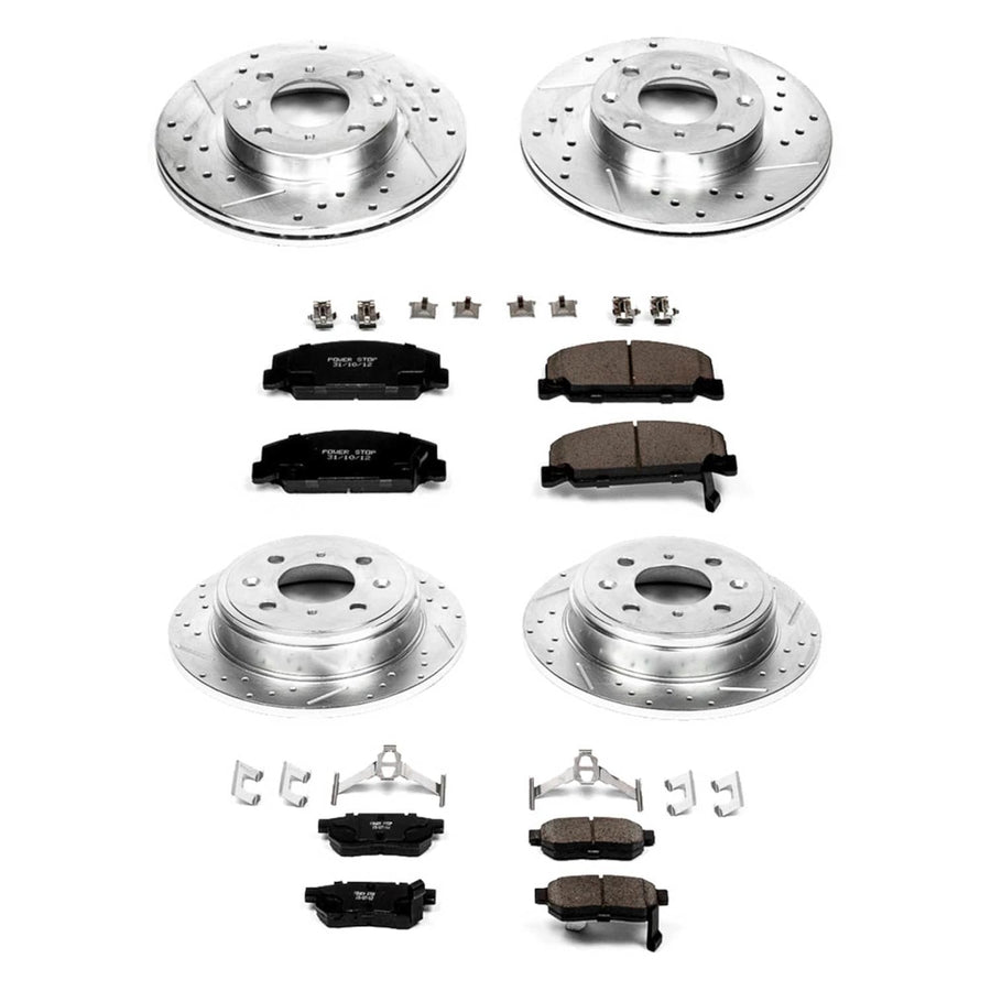Power Stop K399 Z23 Carbon Fiber Brake Pads Front and Rear with Drilled & Slotted Brake Rotors Kit For Honda CRX 1989 [Model Specific]