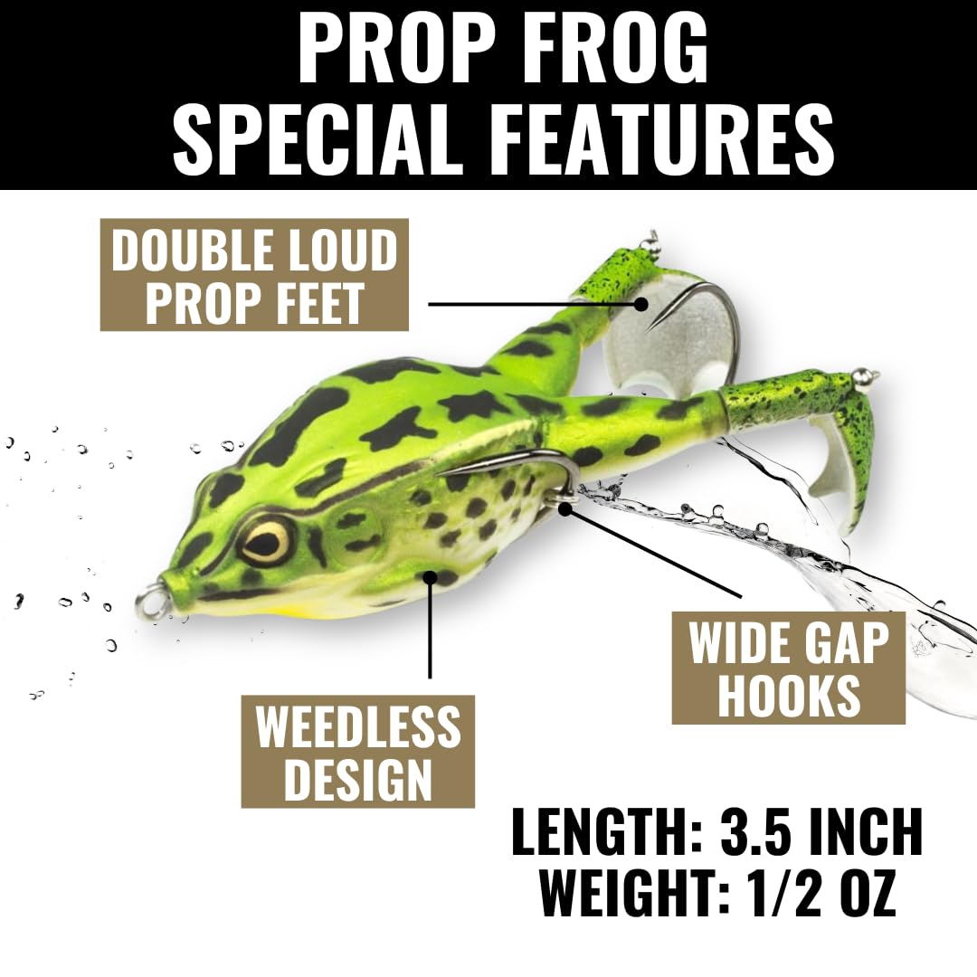 Bass Fishing Lures LUNKERHUNT Kit (3-Pack) - 2 Prop Fish Lures and 1 Prop Frog Lure | Best Topwater Fishing Bait, Weedless Hooks Hollow Realistic Body