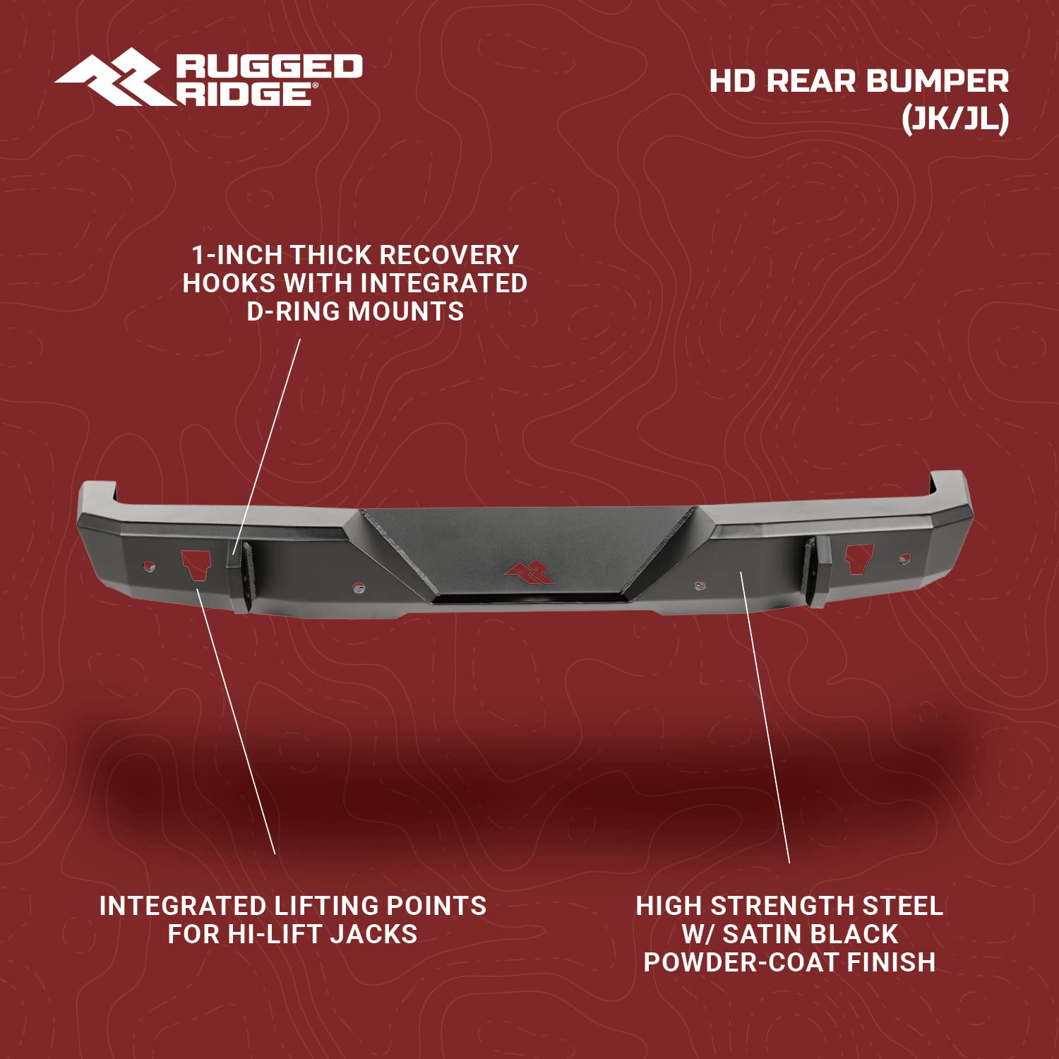 Rear Rugged Ridge HD Bumper | Full-Width, Steel, Textured Black | 11540.34 | Fits 2007-2018 Jeep Wrangler JK