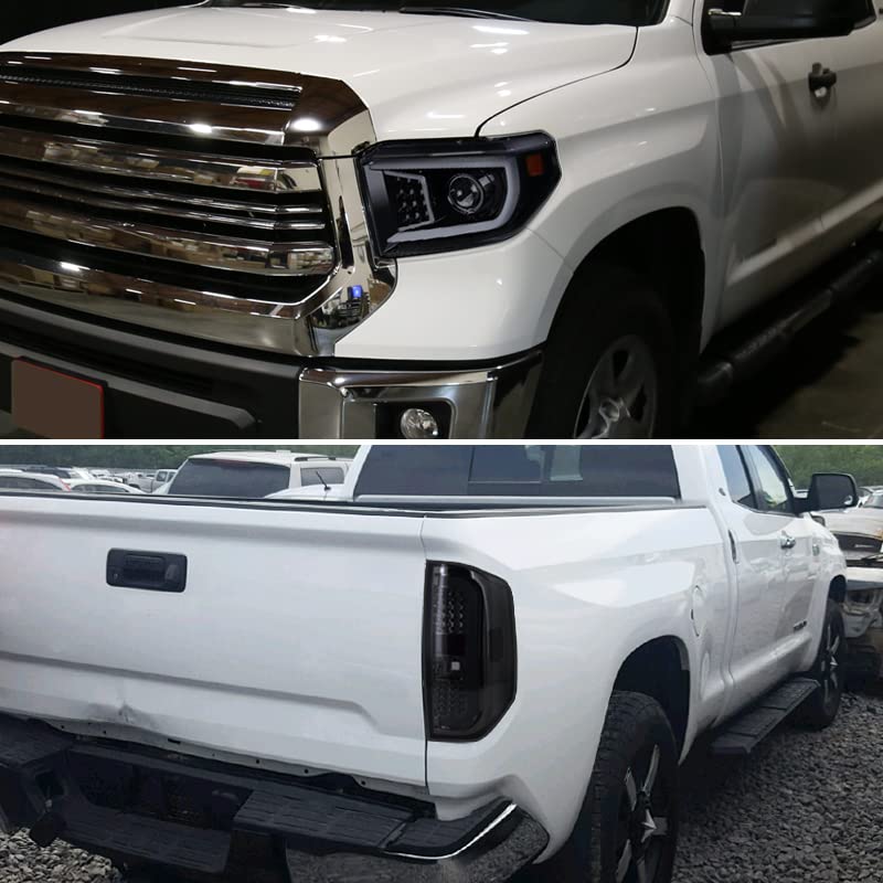 Glossy Black Smoke SPEC-D TUNING LED Light Bar Projector Headlights w/Sequential LED Signal Compatible with 2014-2021 Toyota Tundra, Left + Right Pair Headlamps Assembly
