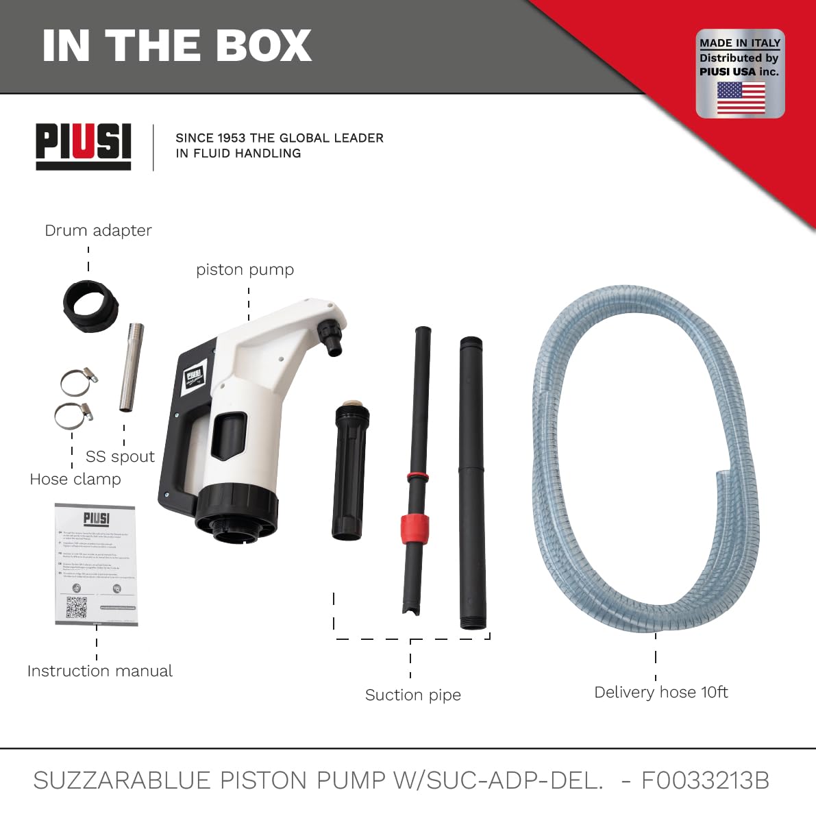 Piusi DEF Piston Hand Pump Suzzarablue Drum Dispensing Pump with Suction Adapter Technopolymer Construction ISO 22241 Compliant for Diesel Exhaust Fluid