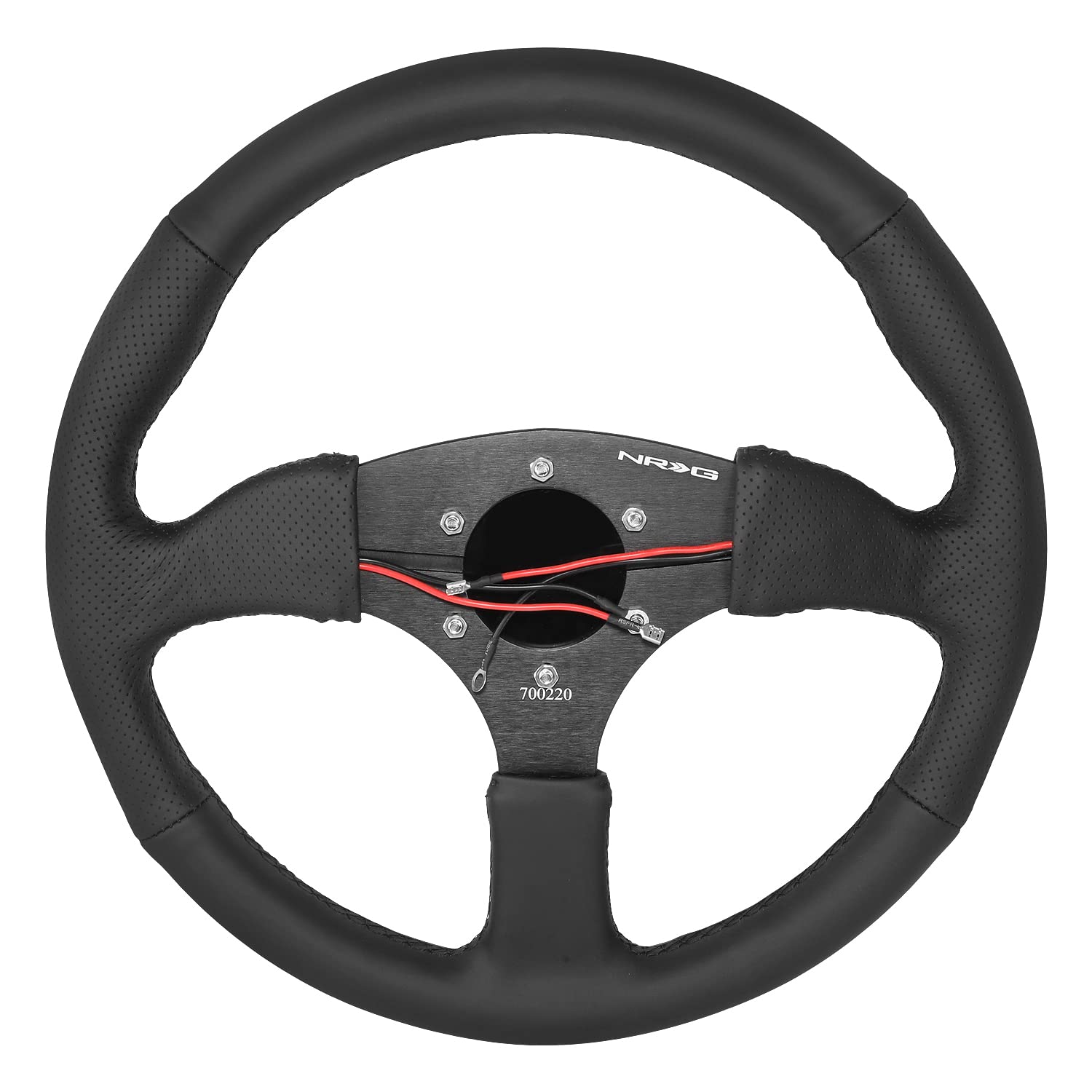 NRG Innovations Reinforced Steering Wheel NRG-RST-023D-R 350mm Sport Leather Racing (2.5" Deep) Comfort Grip, 4mm Matte Black Spoke with Leather Finish and Dual Button