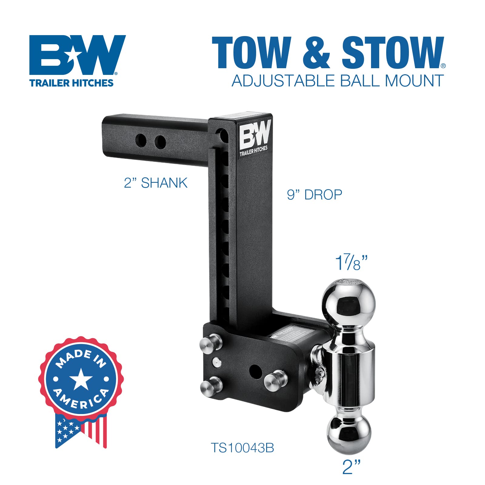 Tow & Stow B&W Trailer Hitches Adjustable Trailer Hitch Ball Mount - Fits 2" Receiver, Dual Ball (2" x 2-5/16"), 9" Drop, 10,000 GTW - TS10043B