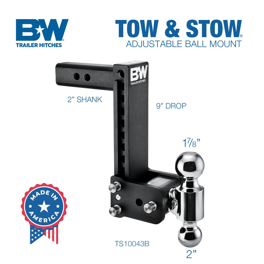 Tow & Stow B&W Trailer Hitches Adjustable Trailer Hitch Ball Mount - Fits 2" Receiver, Dual Ball (2" x 2-5/16"), 9" Drop, 10,000 GTW - TS10043B