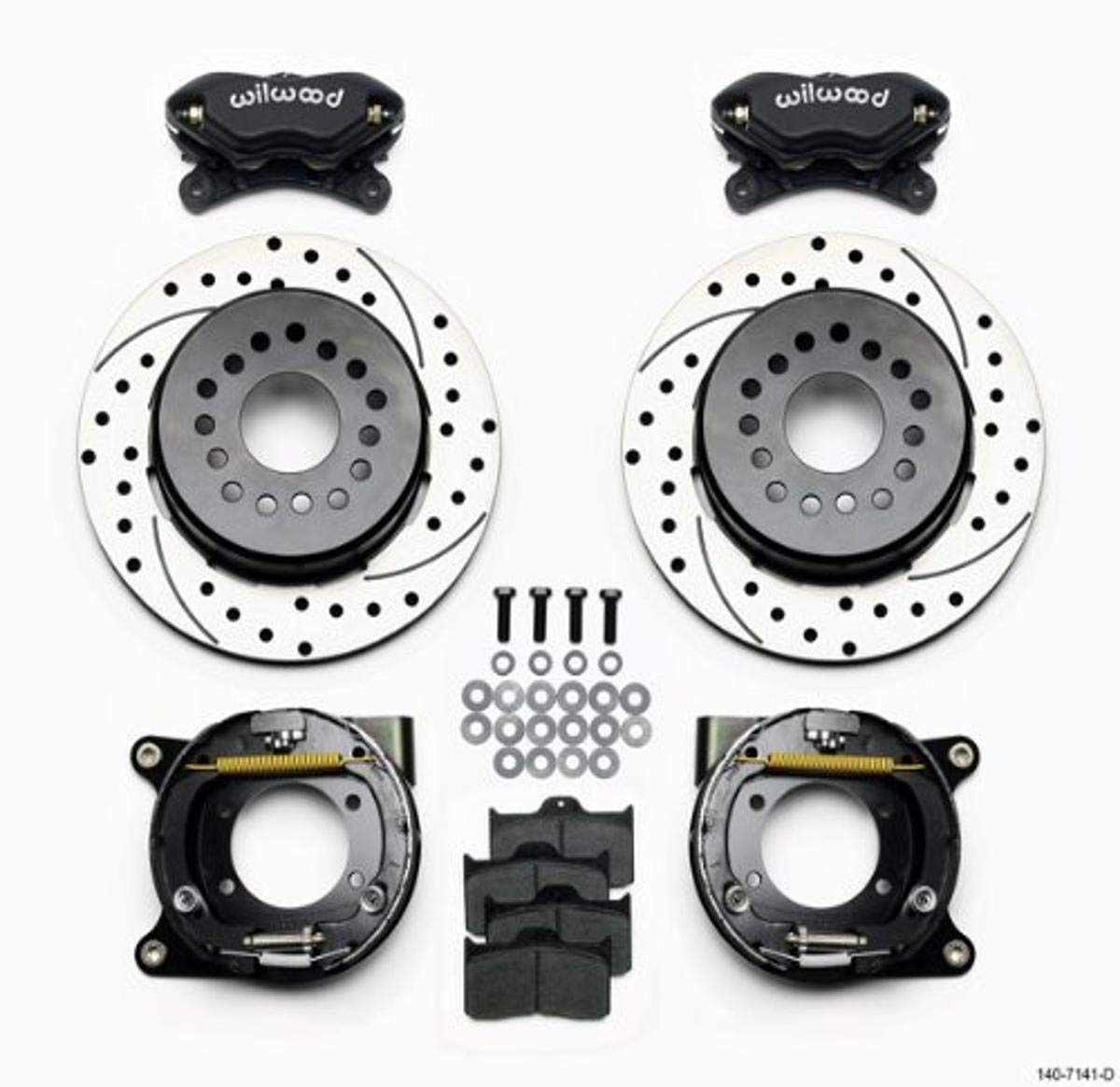 Wilwood Brake System, Rear, Dynalite, 4 Piston Caliper, 12.000 in Drilled/Slotted Iron Rotor, Offset Hat/Parking Brake, Aluminum, Black Powder Coat, GM 12-Bolt, Kit
