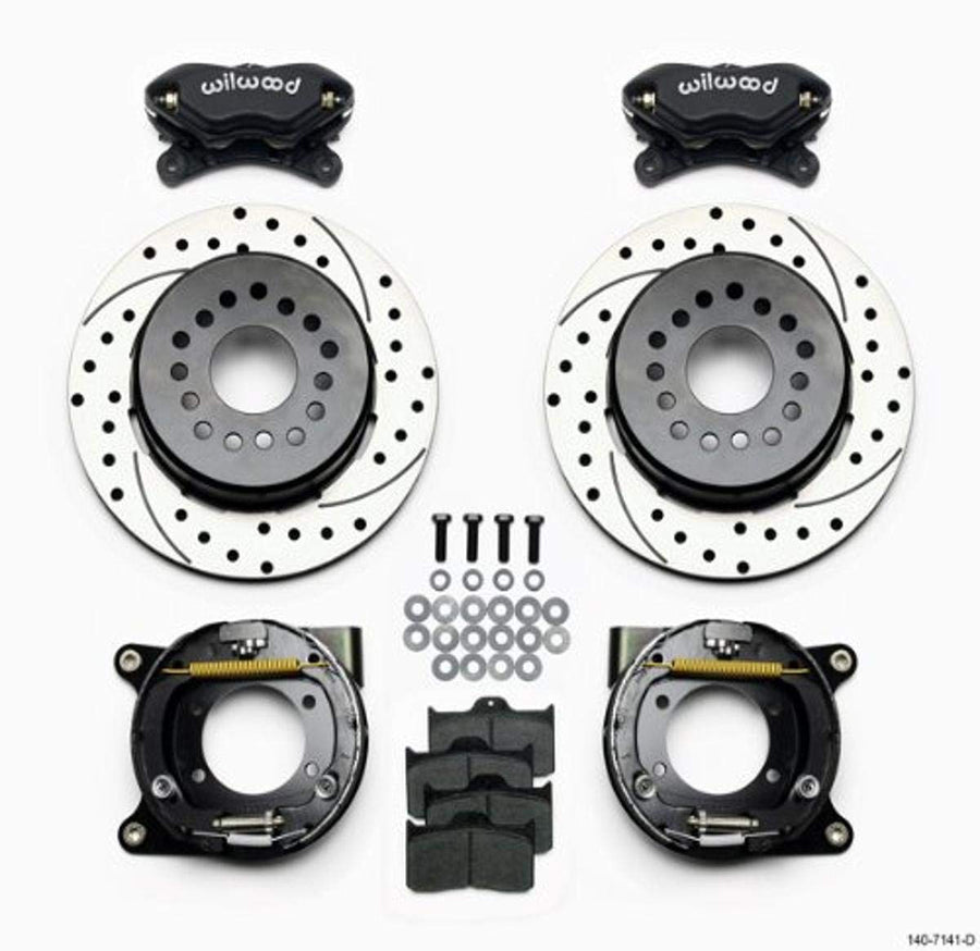 Wilwood Brake System, Rear, Dynalite, 4 Piston Caliper, 12.000 in Drilled/Slotted Iron Rotor, Offset Hat/Parking Brake, Aluminum, Black Powder Coat, GM 12-Bolt, Kit