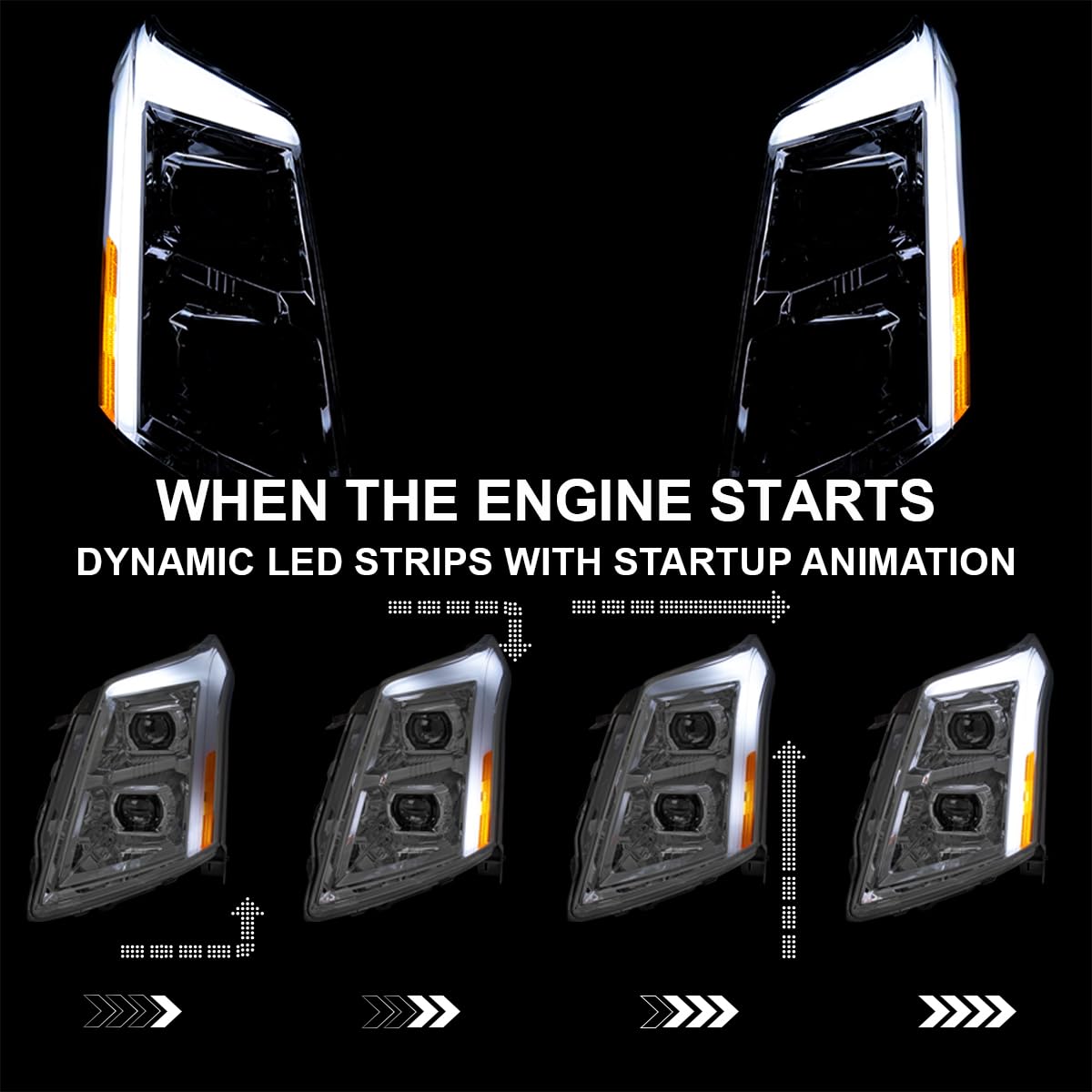 Full LED Projector Headlights SPEC-D TUNING w/LED DRL Light Bar, Sequential Signal, and Startup Animation Compatible with 2010-2016 Cadillac SRX, Left + Right Pair Headlamps Assembly