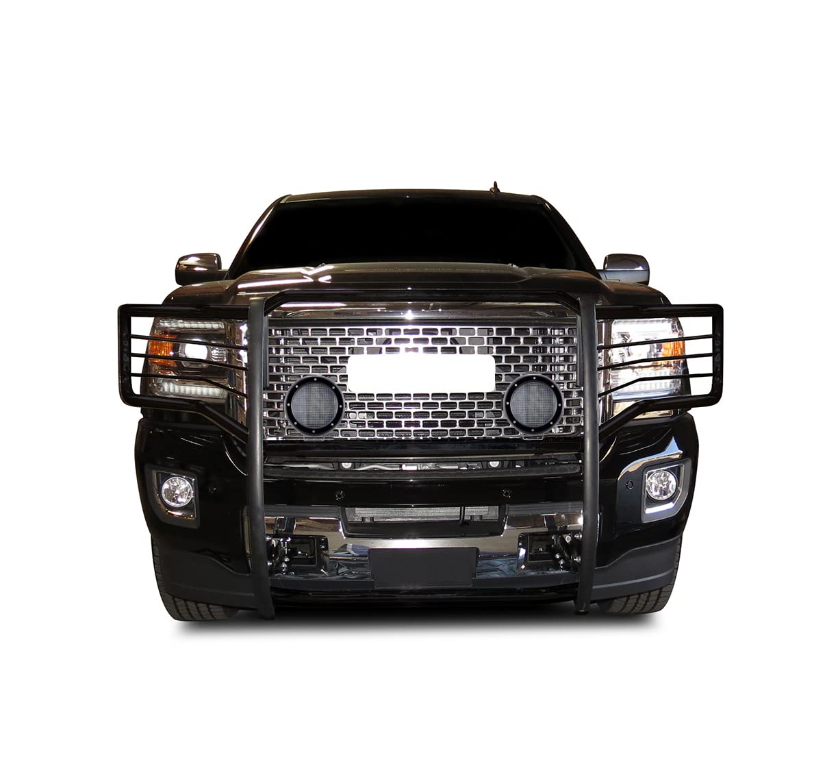 Bumper Guard Black Horse Grille Brush Modular Black Come with Pair of 5.3" Dia.LED Lights with Black Trim Rings Compatible with 2015-2019 GMC Sierra 2500 HD|2015-2019 GMC Sierra 3500 HD-17GS14MA-PLFB