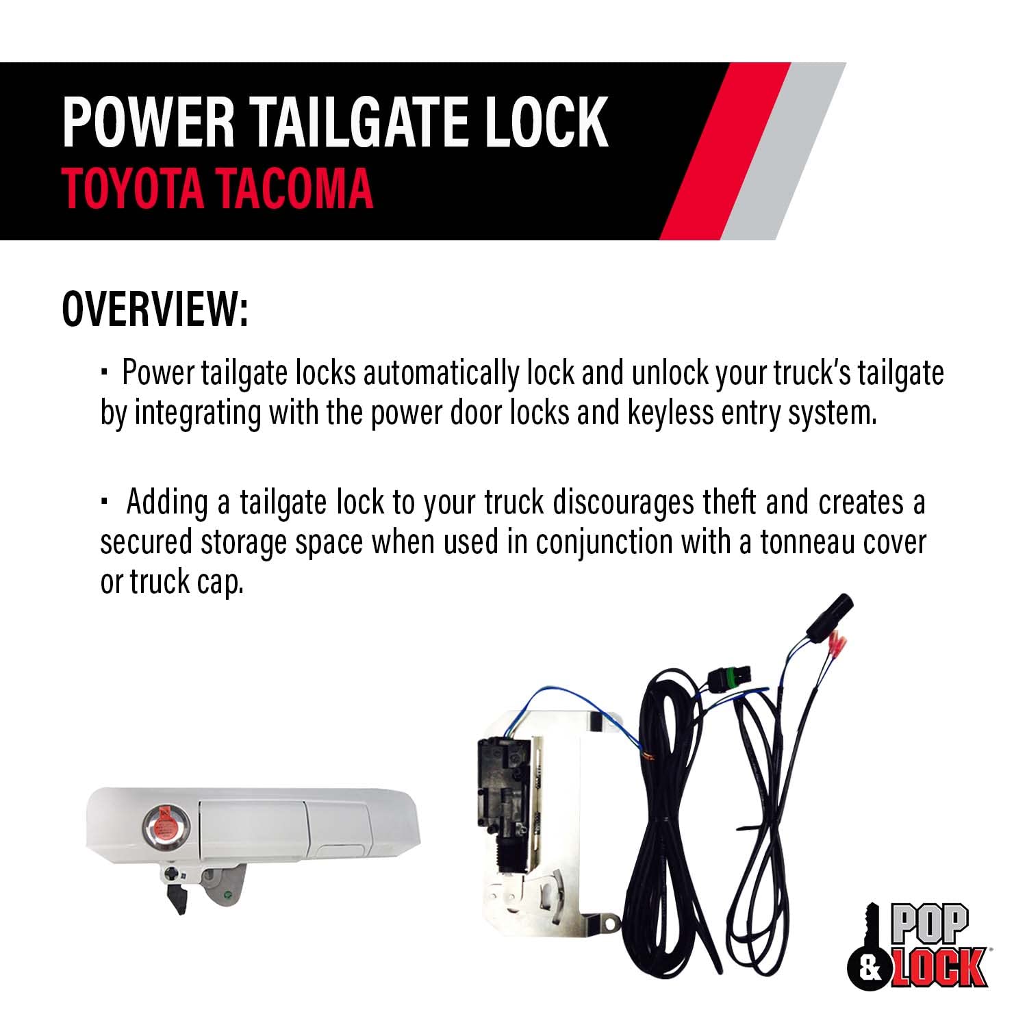 Power Tailgate Smart Lock Combo – Pop & Lock with Bolt Technology for Toyota Tacoma, Fits 2005 to 2015 Models (OEM Color Super White, PL85403)