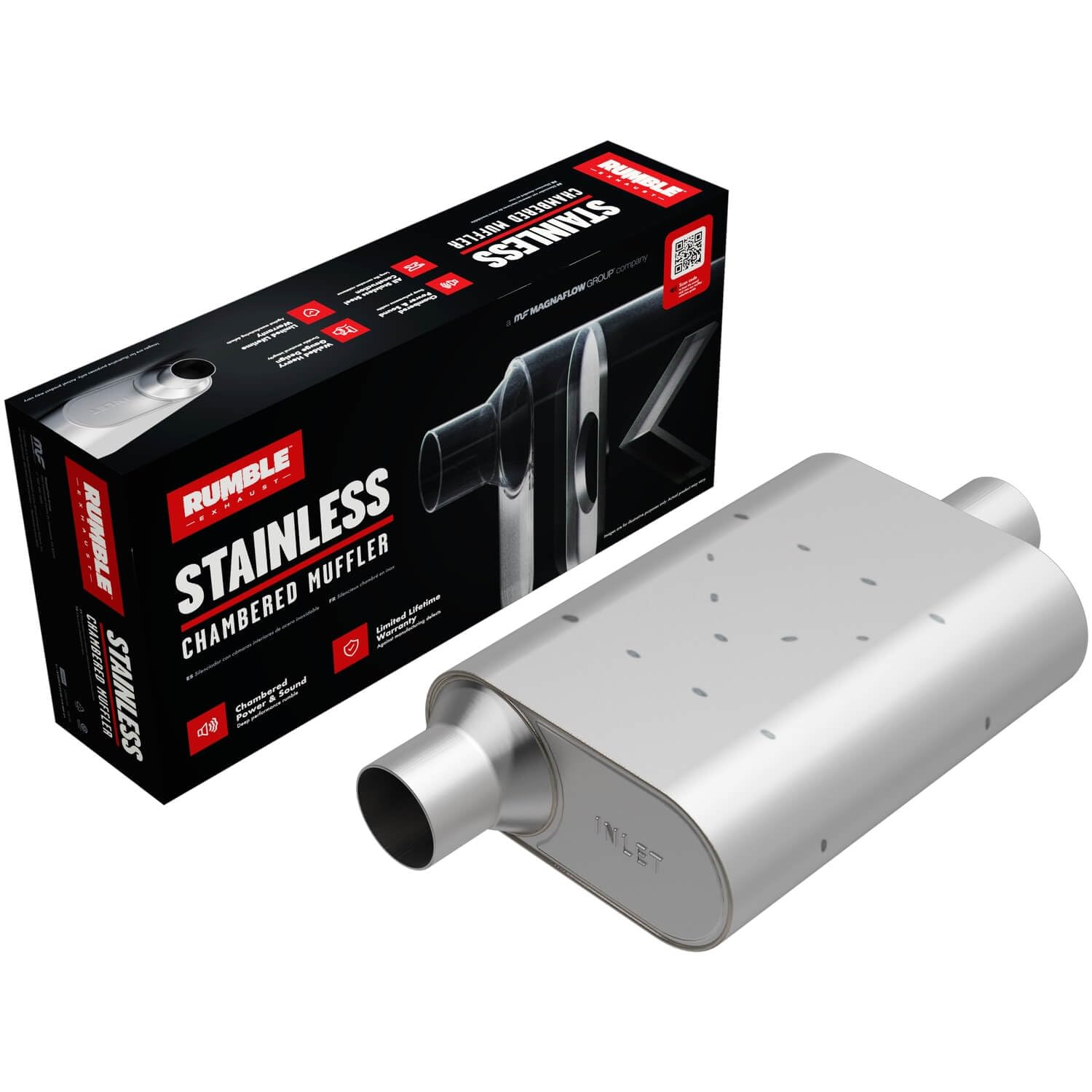 Rumble Exhaust Performance Chambered Muffler R33041: Offset/Center, 3" / 3" Inlet/Outlet, 4.25 x 9.5 x 13 Oval, Stainless Steel, Classic American Muscle Sound