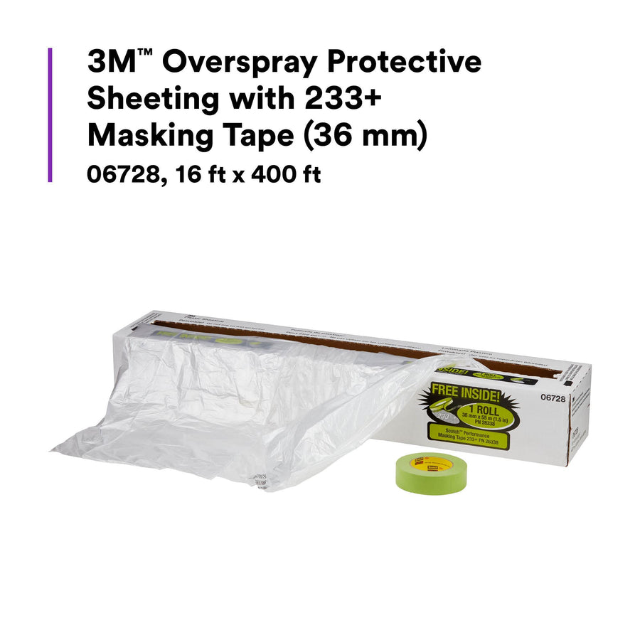 3M Protective Sheeting Overspray With 233+ Masking Tape (36 mm), 06728, Translucent, Paintable, High Density, Tear Resistant, 16 ft x 400 ft